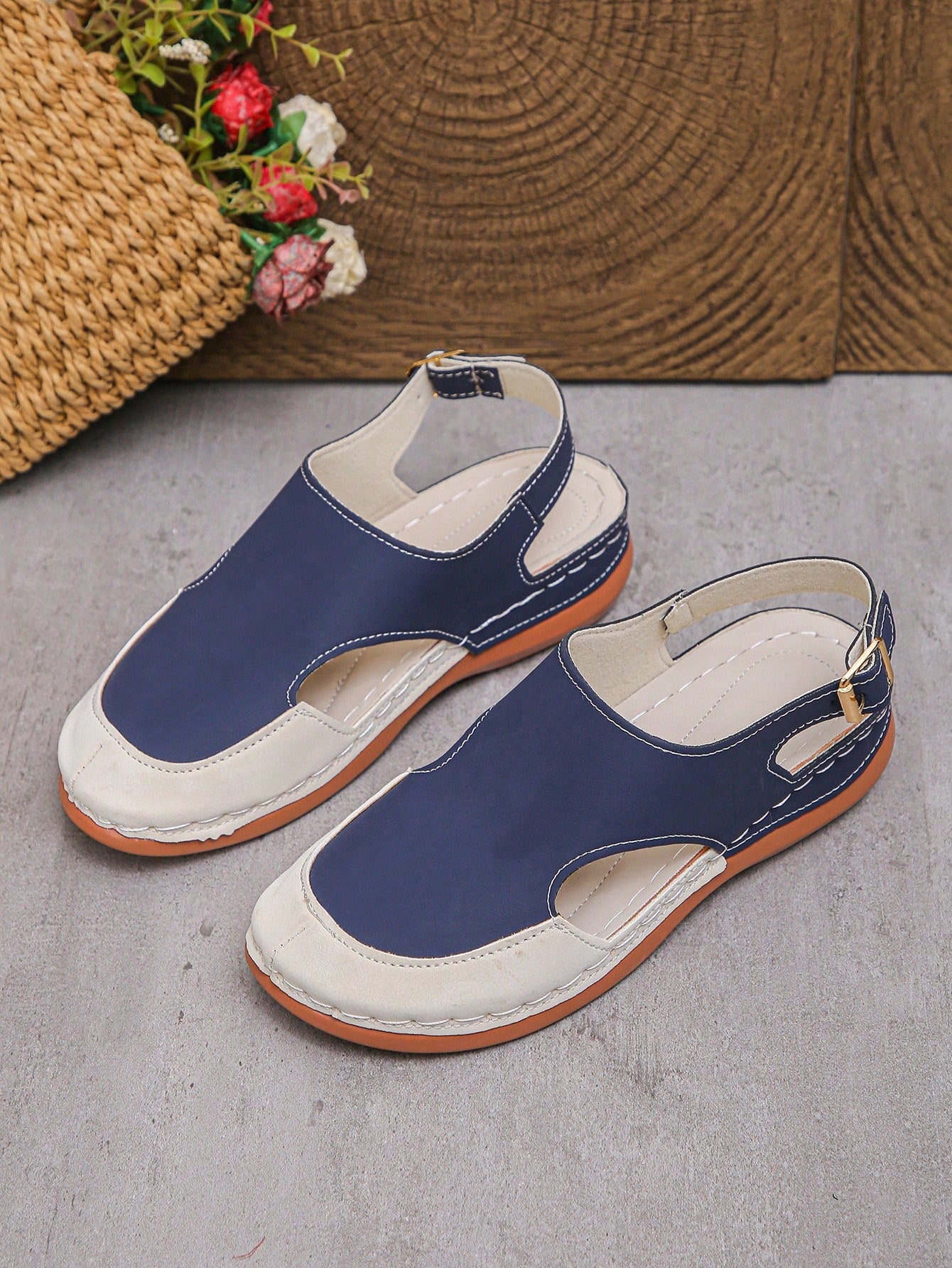 Women's bohemian wedge slide sandals with open toe, low wedge heel, slip-on design, and metal detail, available in plus sizes 36-43.