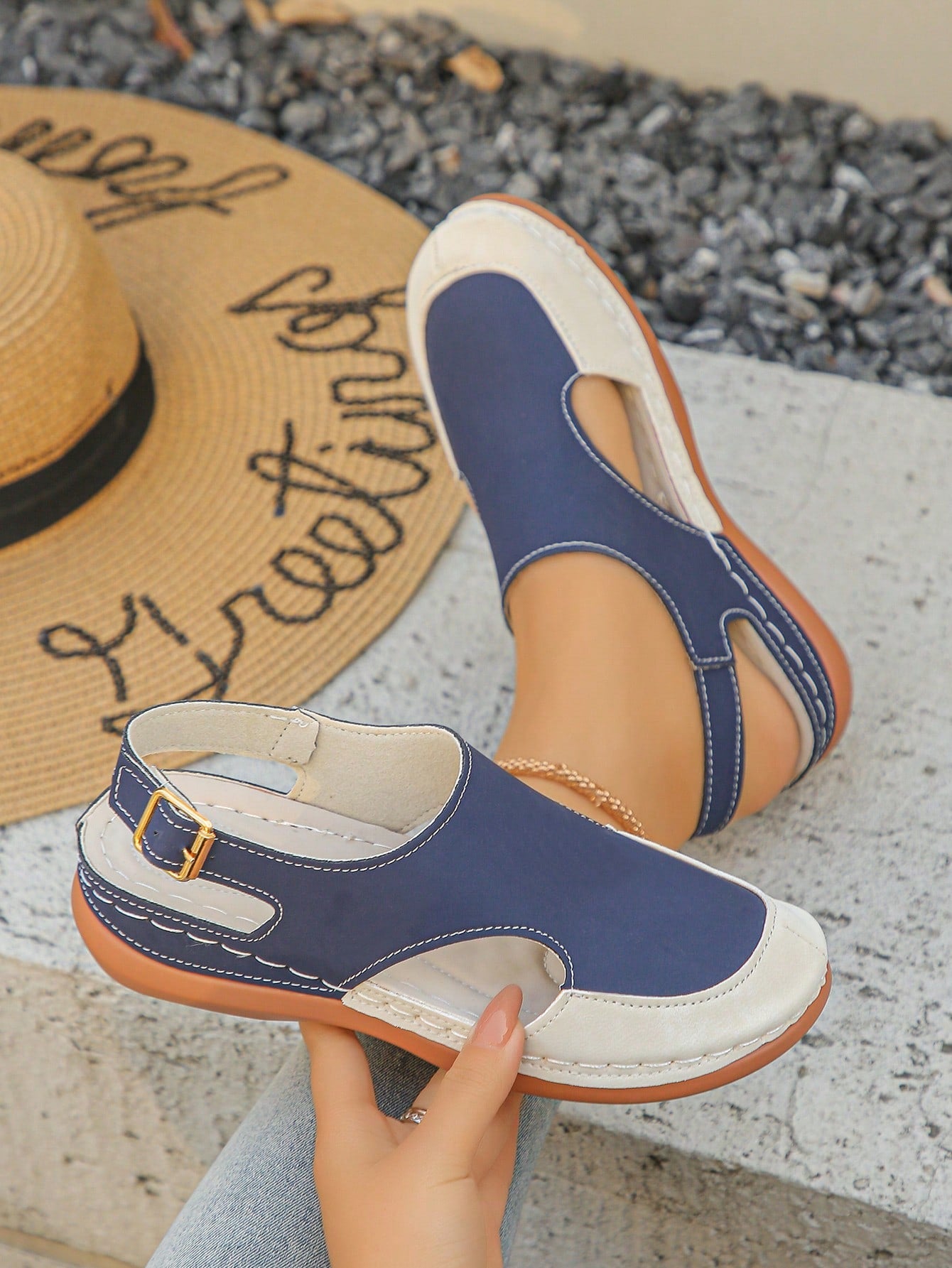 Women's bohemian wedge slide sandals with open toe, low wedge heel, slip-on design, and metal detail, available in plus sizes 36-43.