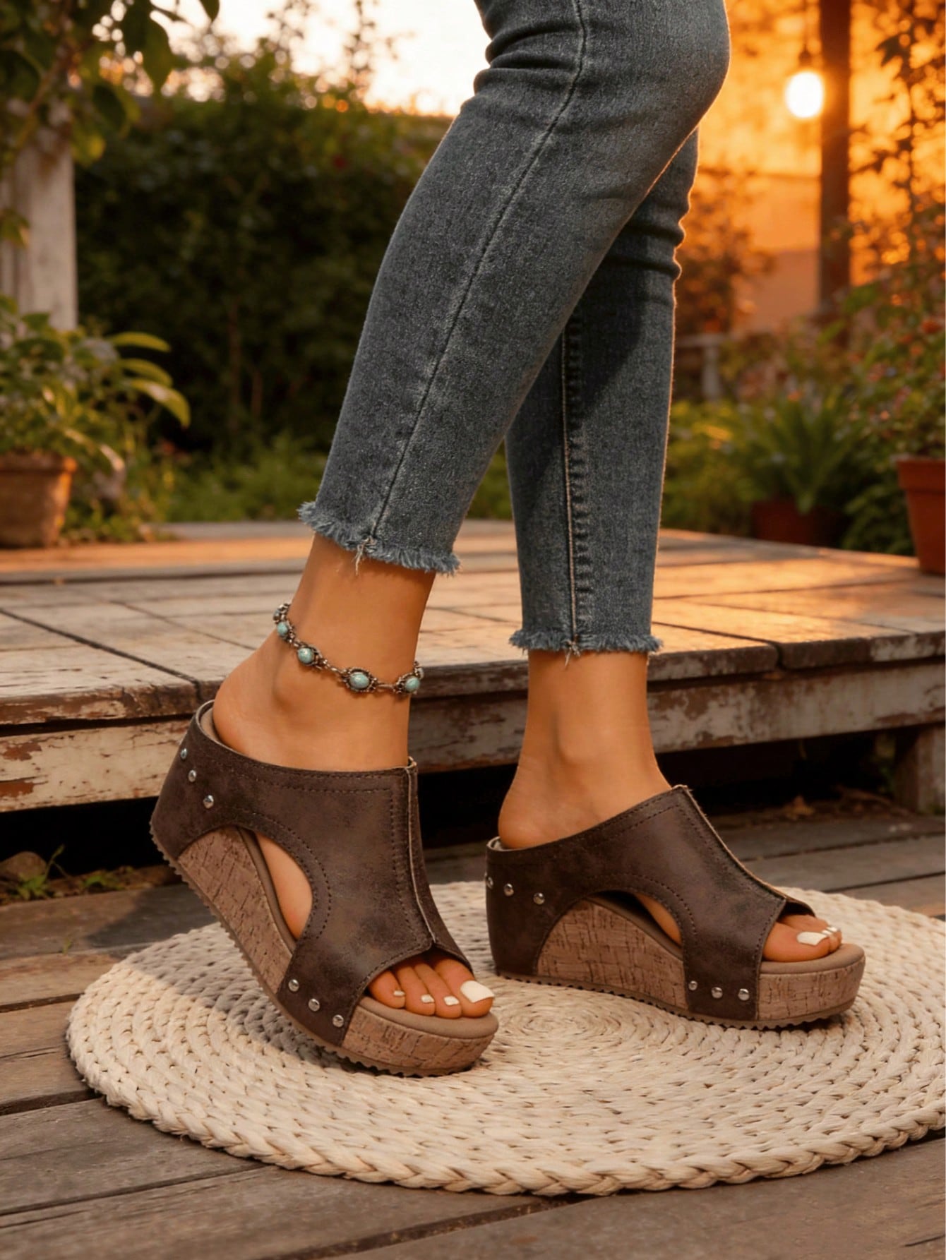 Women's plain slip-on slippers with a round toe, platform sole, and studded details, designed for casual daily wear and vacation outfits.