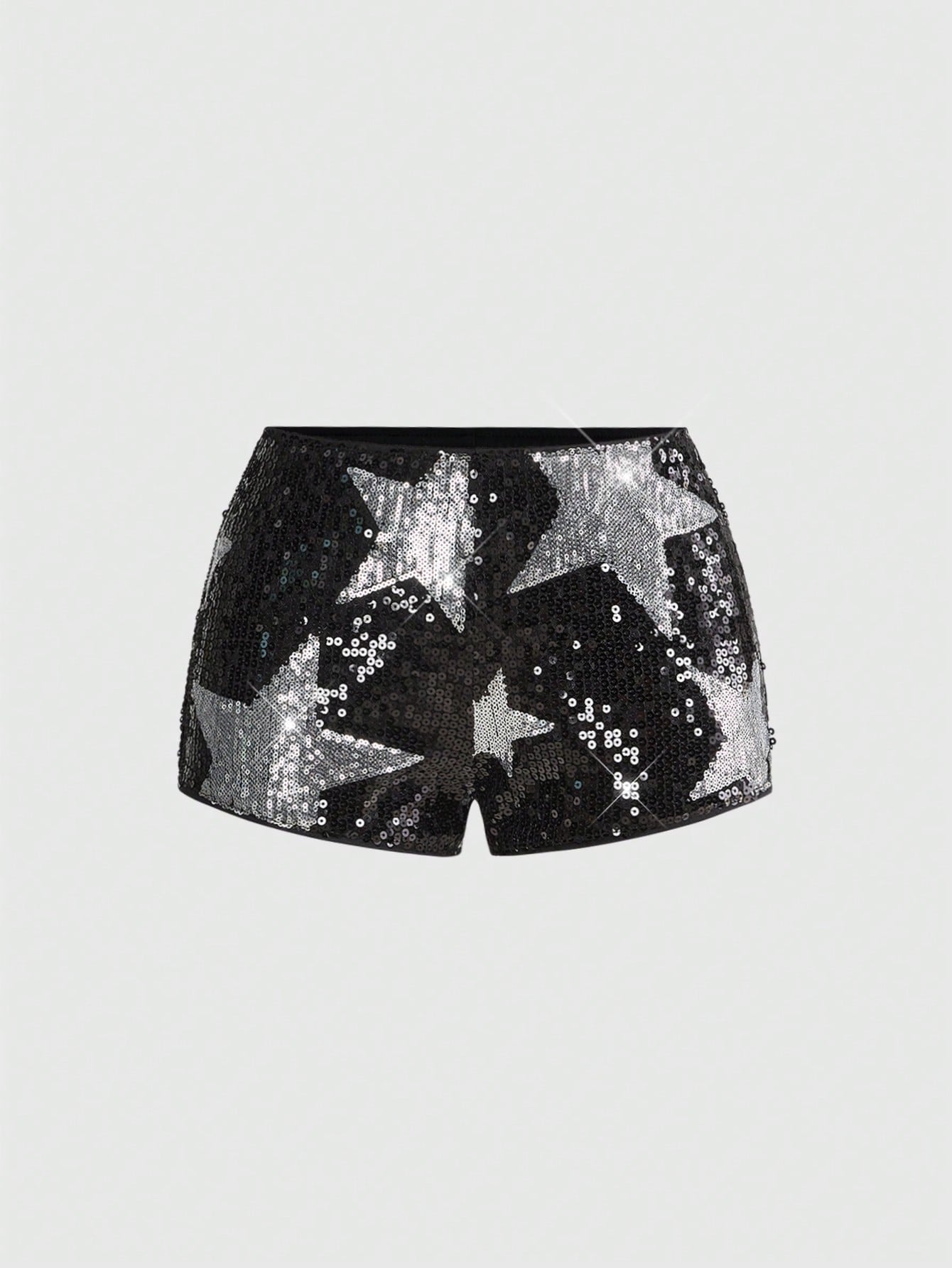 Women's black sequin ultra low-waist mini shorts with sparkling pentagram decor, zipper detail, and elastic waist for party, stage, concert, or Halloween wear