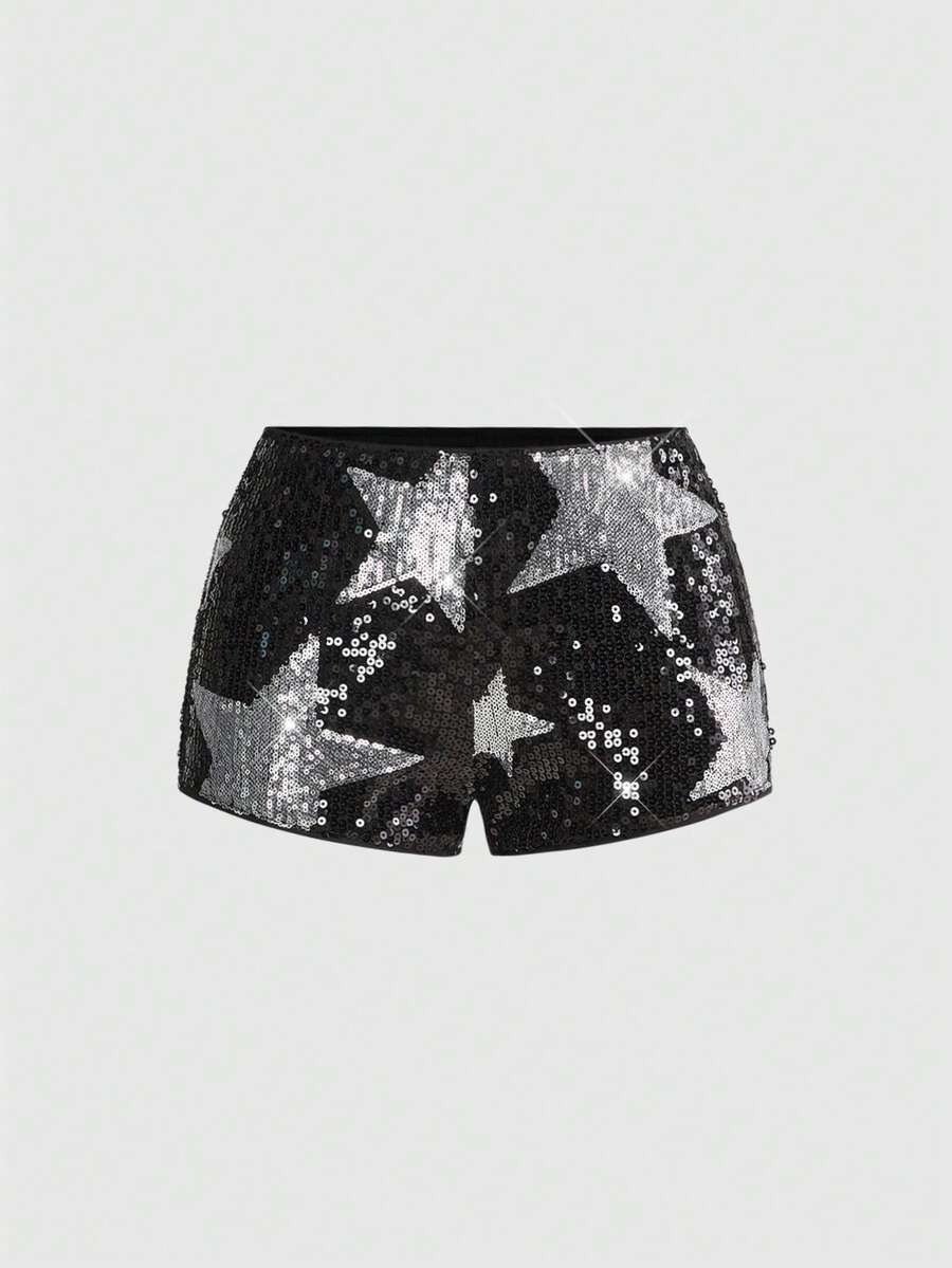 Women's black sequin ultra low-waist mini shorts with sparkling pentagram decor, zipper detail, and elastic waist for party, stage, concert, or Halloween wear