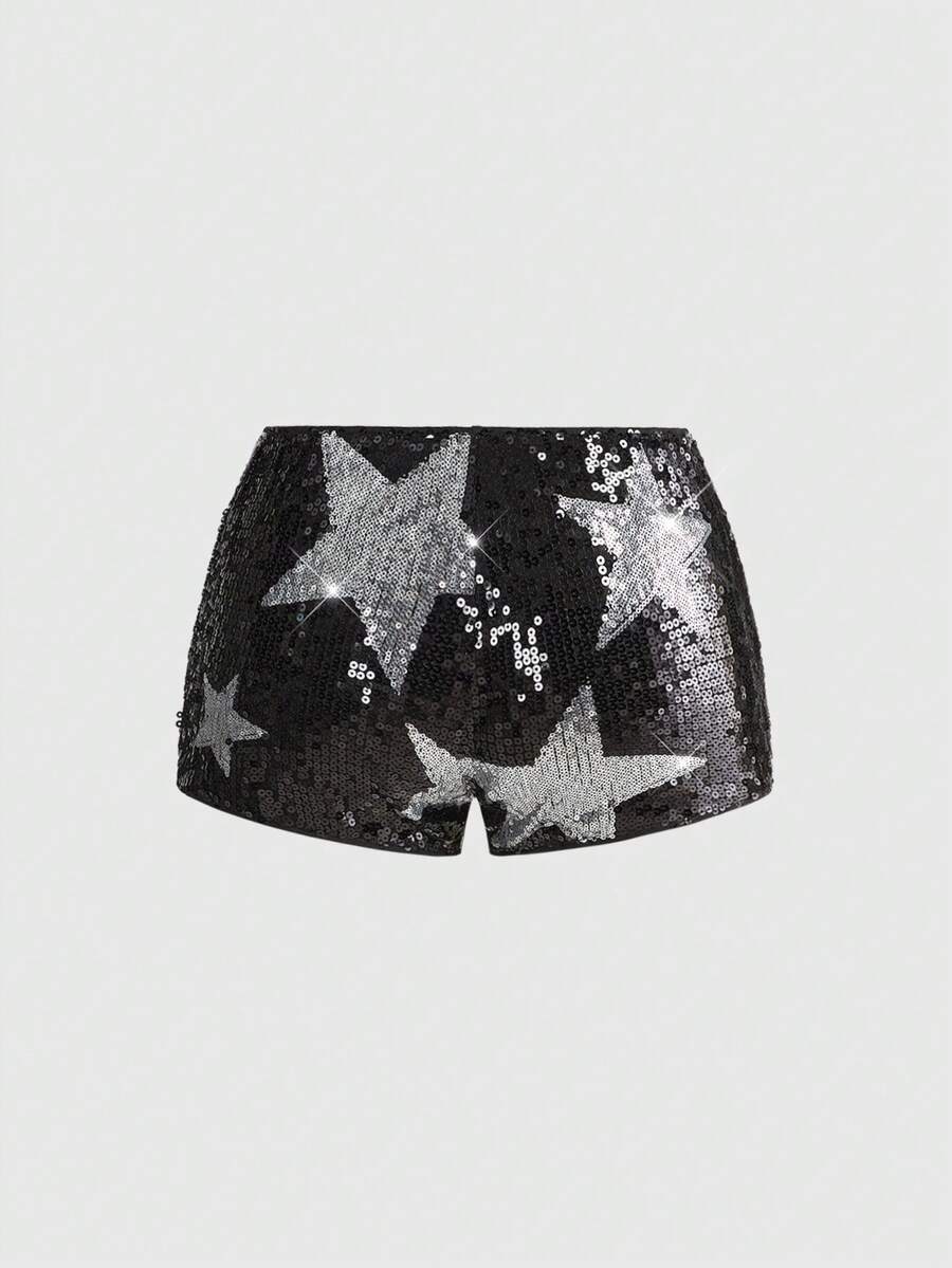 Women's black sequin ultra low-waist mini shorts with sparkling pentagram decor, zipper detail, and elastic waist for party, stage, concert, or Halloween wear
