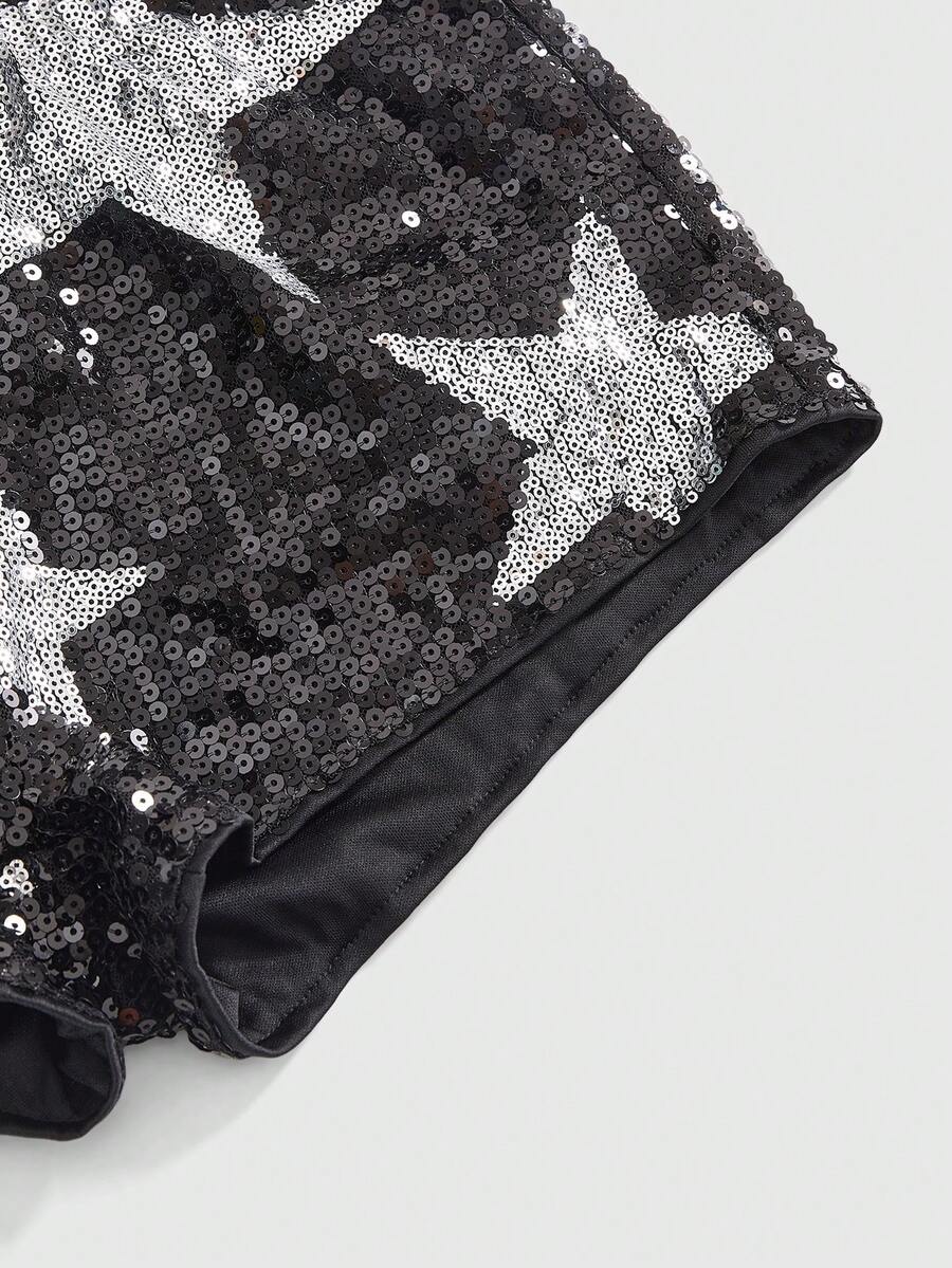 Women's black sequin ultra low-waist mini shorts with sparkling pentagram decor, zipper detail, and elastic waist for party, stage, concert, or Halloween wear