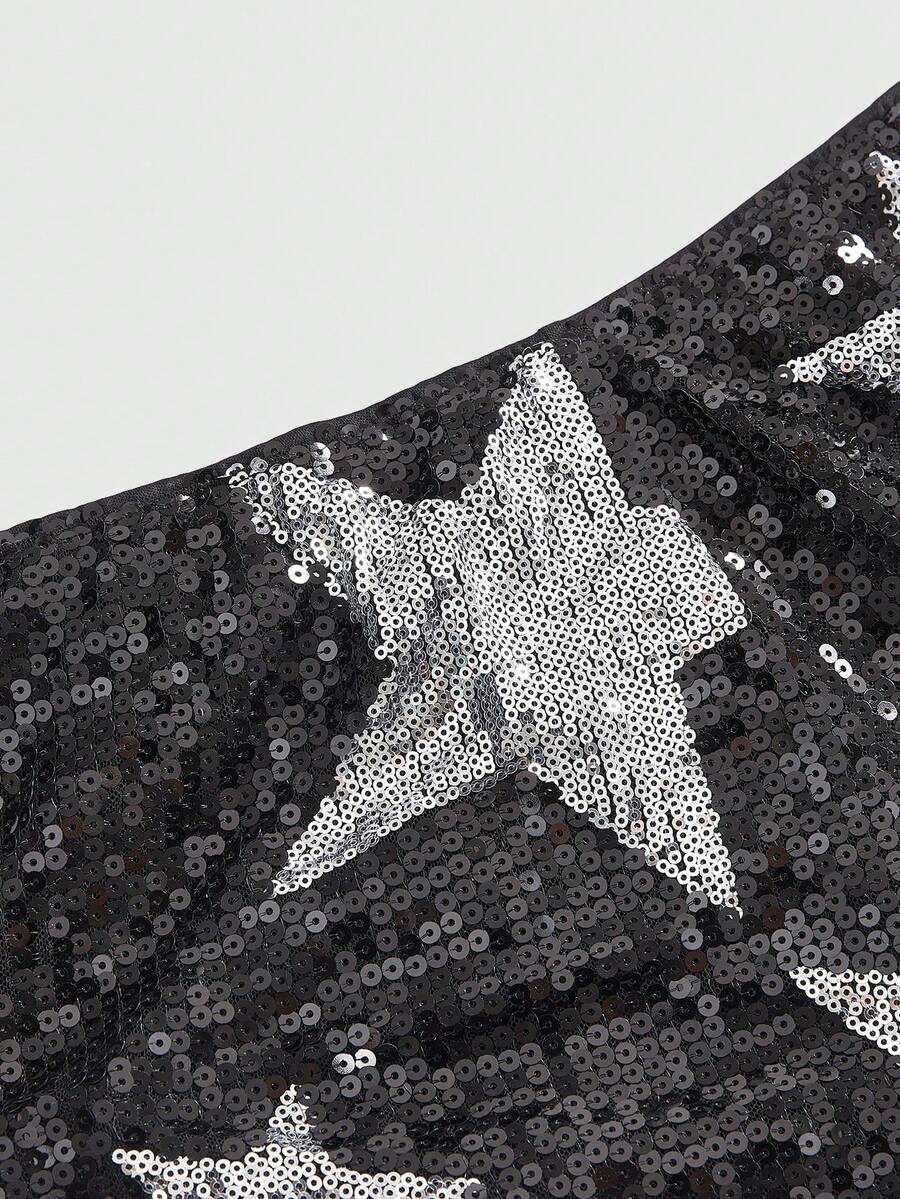Women's black sequin ultra low-waist mini shorts with sparkling pentagram decor, zipper detail, and elastic waist for party, stage, concert, or Halloween wear