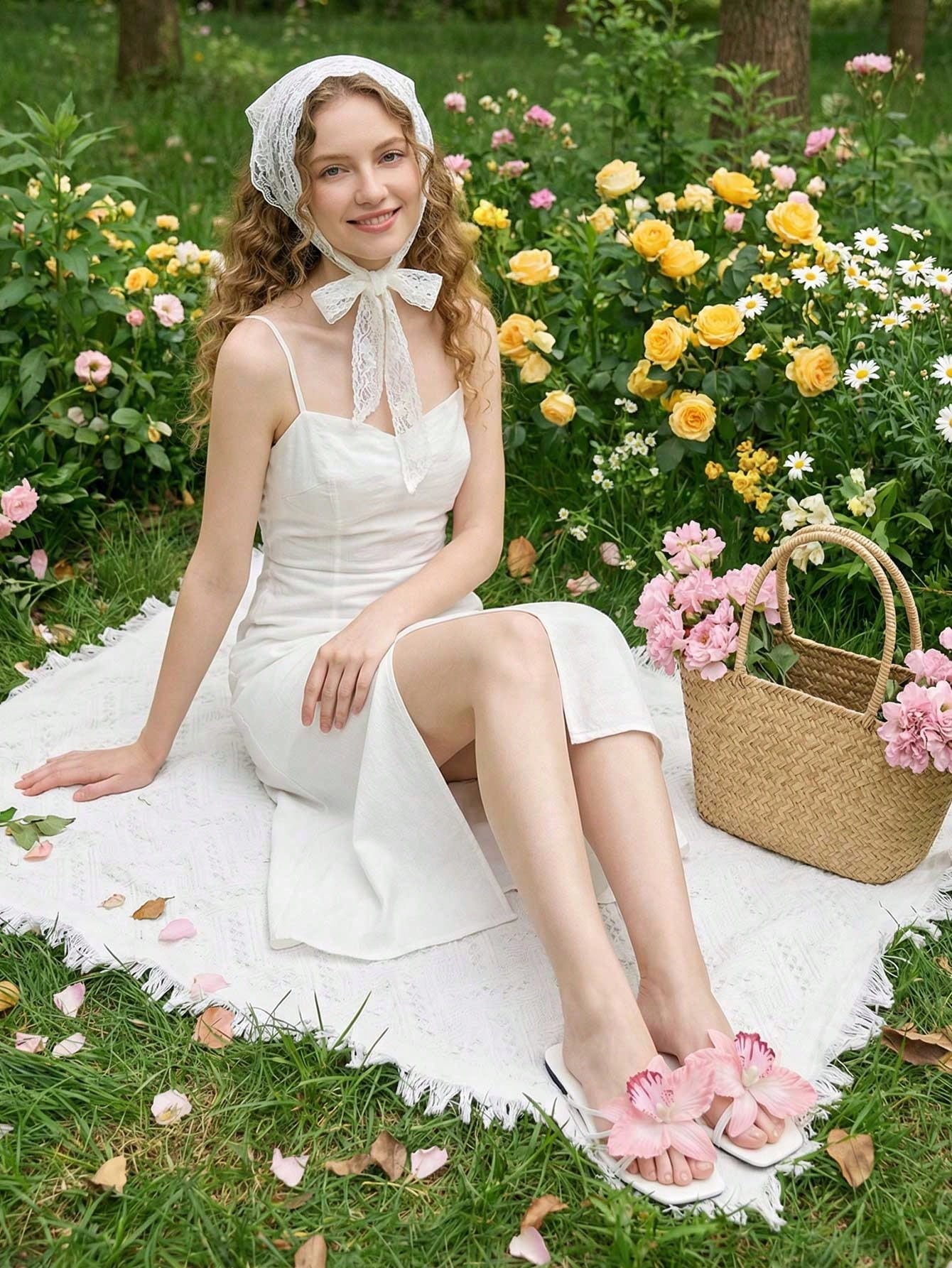 Women's flat woven slide sandals with open toe, featuring 3D flower and pearl appliques in an apricot and blue flower colorway, shown as casual vacation beach slippers.