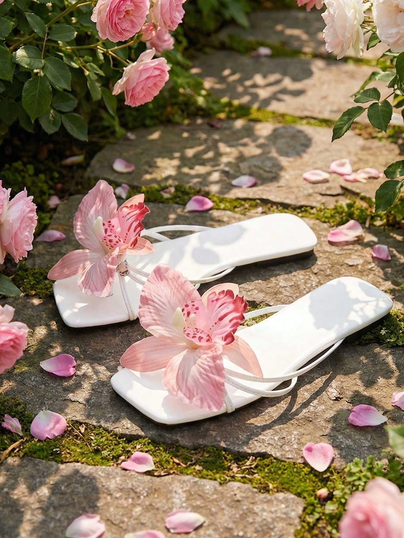 Women's flat woven slide sandals with open toe, featuring 3D flower and pearl appliques in an apricot and blue flower colorway, shown as casual vacation beach slippers.