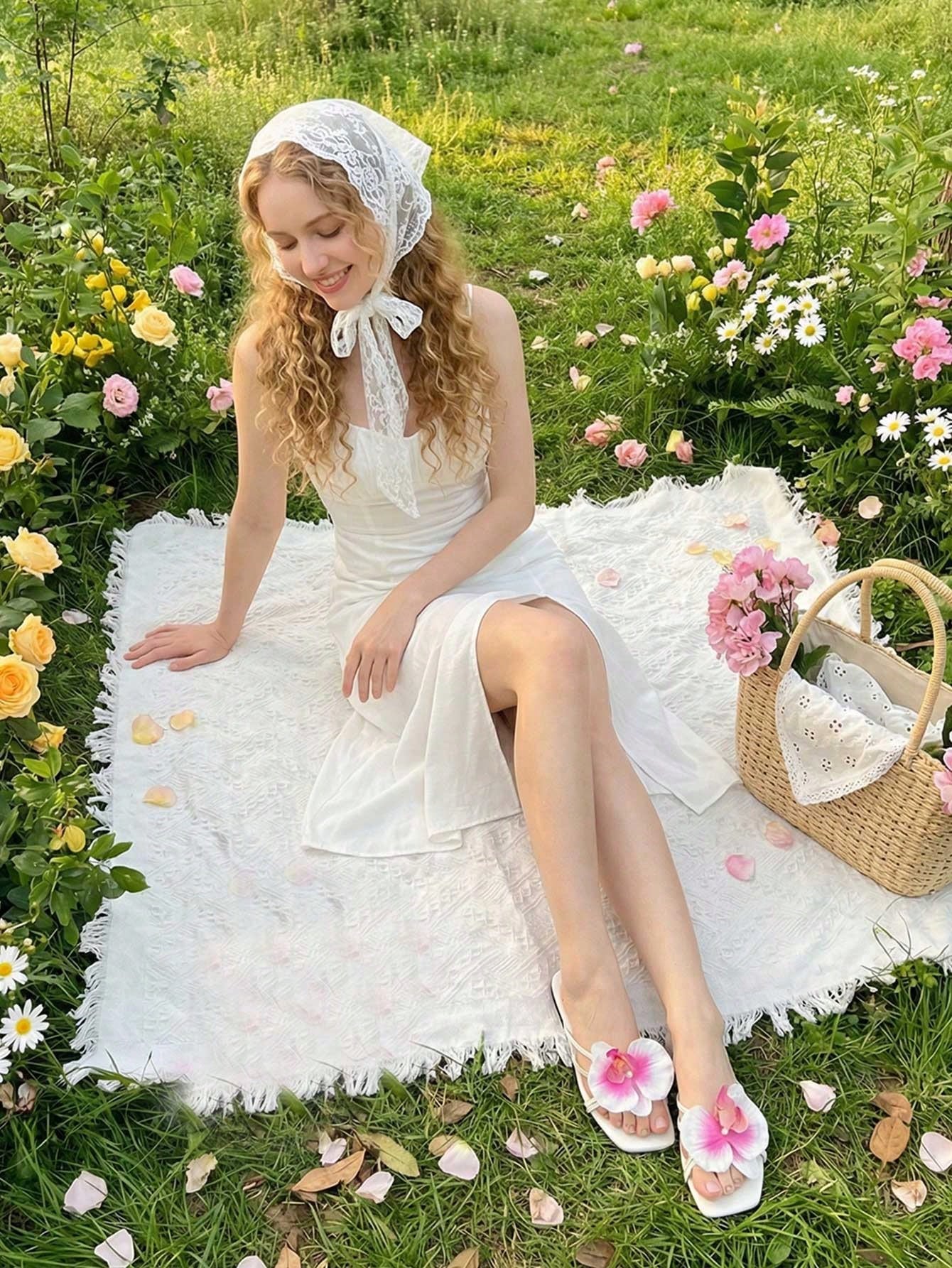 Women's flat woven slide sandals with open toe, featuring 3D flower and pearl appliques in an apricot and blue flower colorway, shown as casual vacation beach slippers.