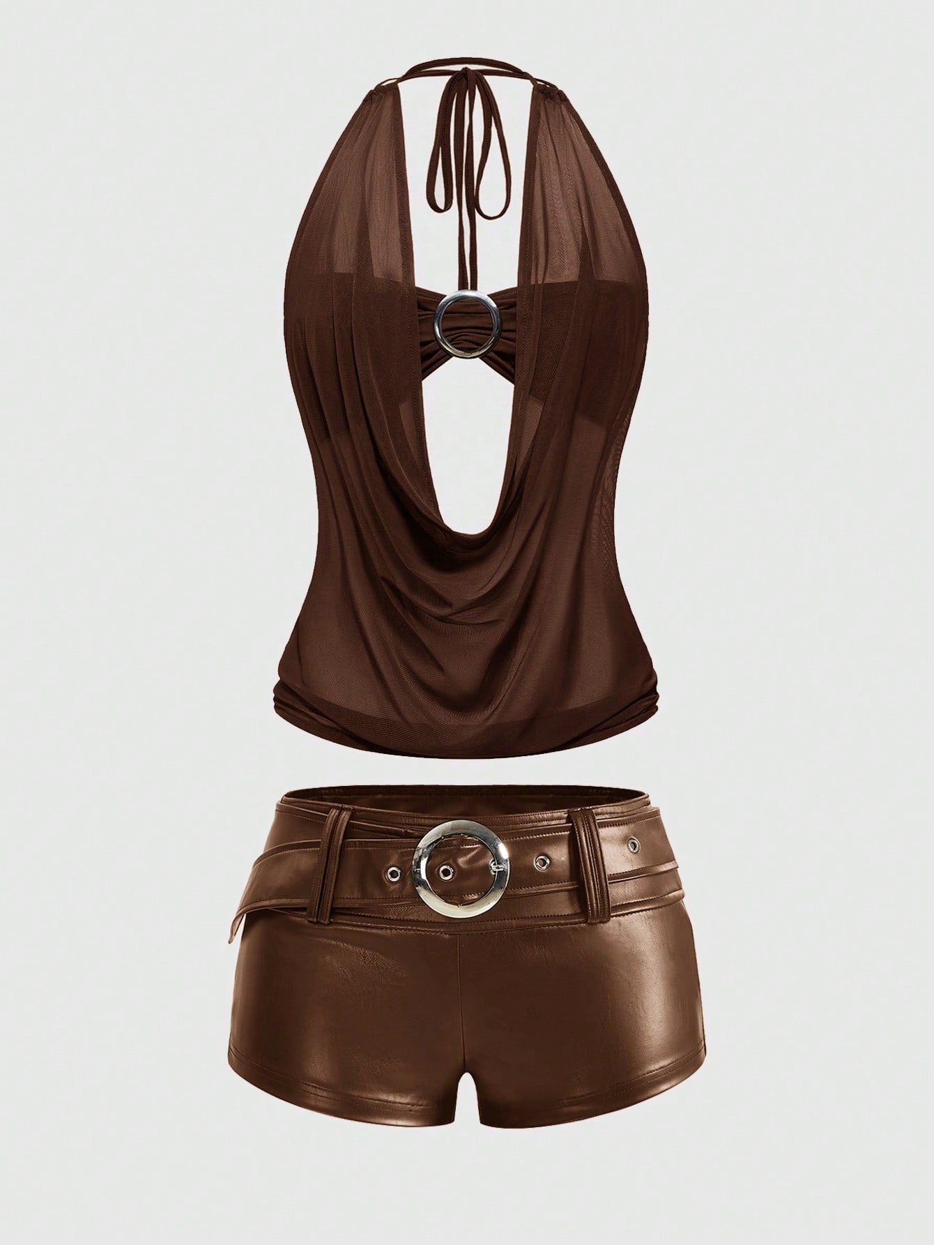 Women's Gyaru-style two-piece outfit with a draped halter crop top, backless tie detail, and mini bodycon shorts