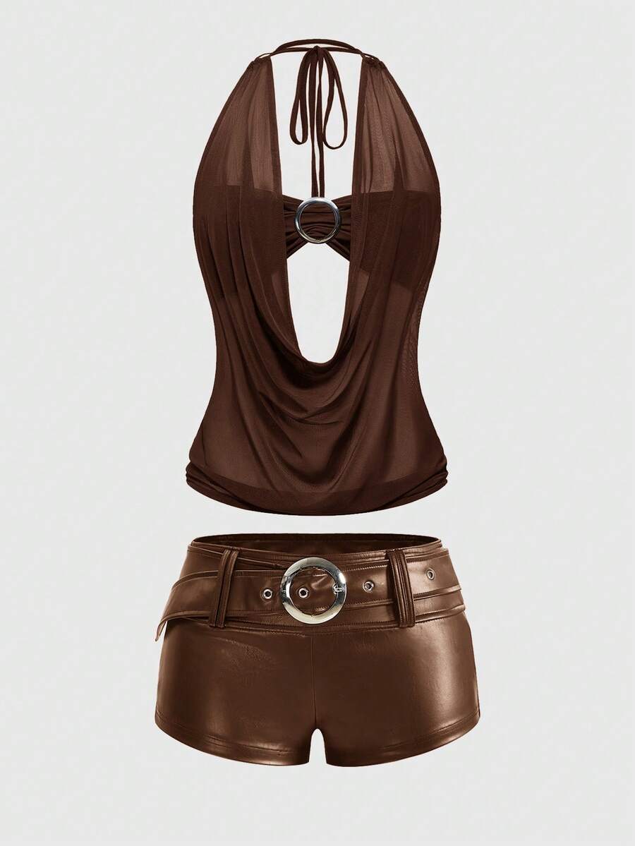Women's Gyaru-style two-piece outfit with a draped halter crop top, backless tie detail, and mini bodycon shorts