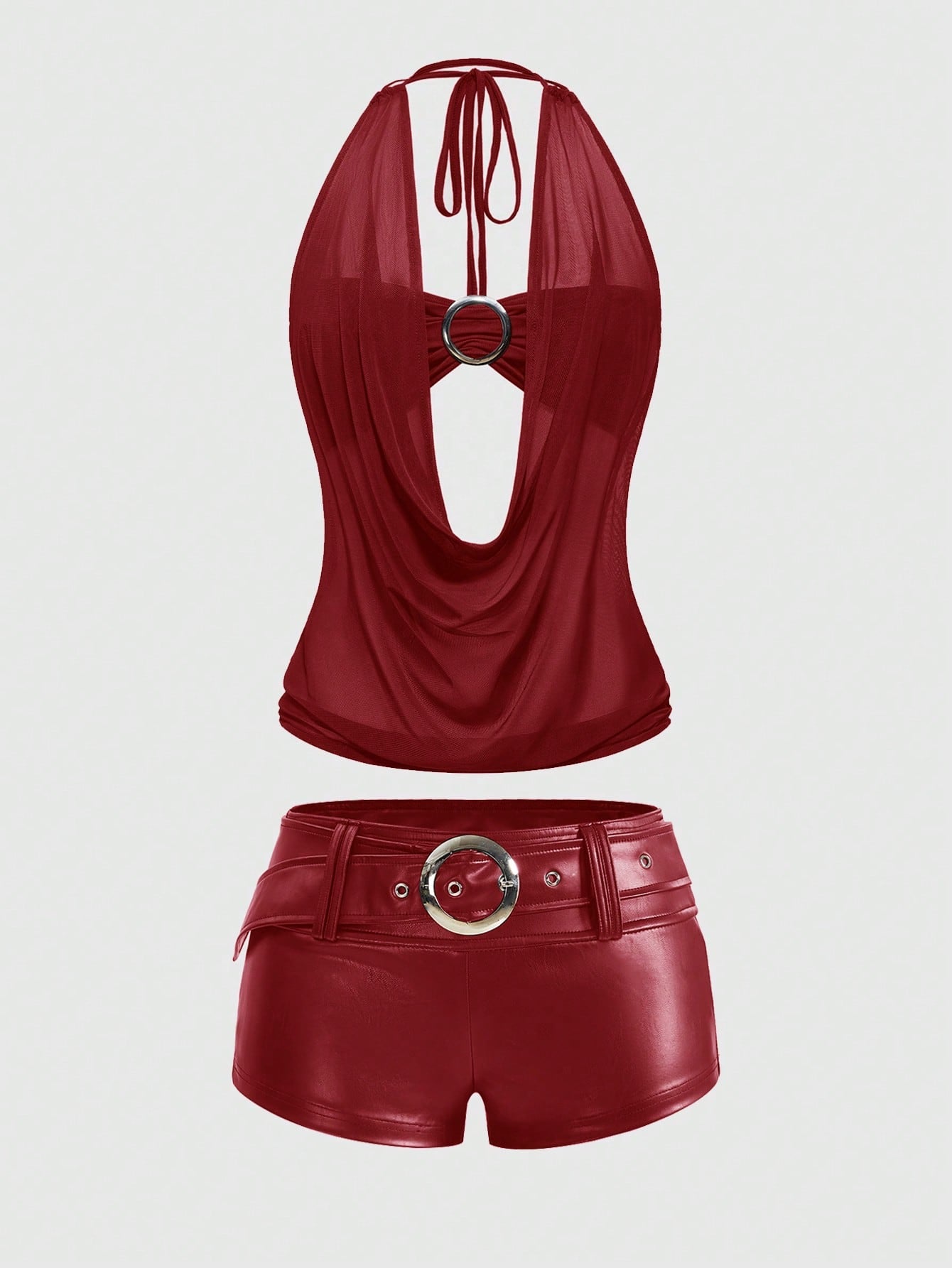 Women's Gyaru-style two-piece outfit with a draped halter crop top, backless tie detail, and mini bodycon shorts