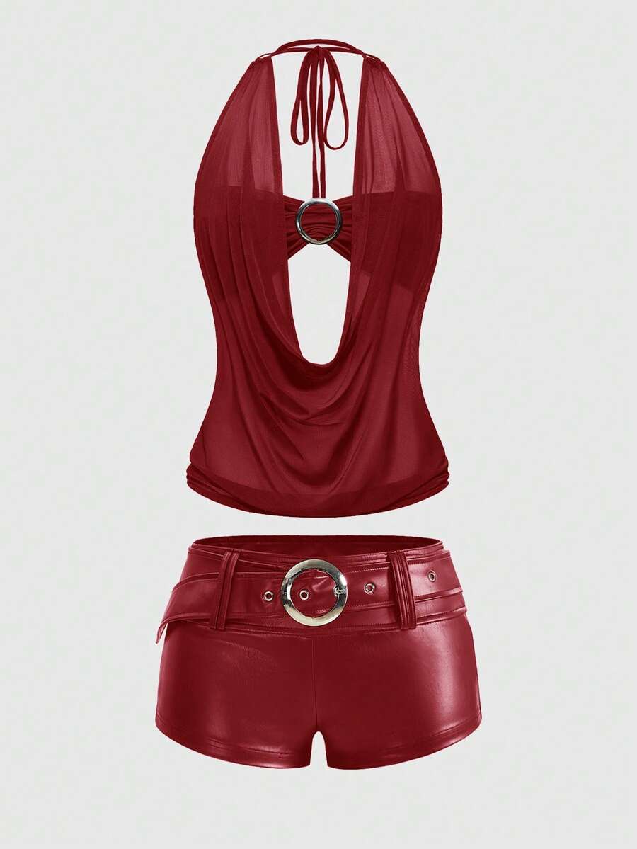 Women's Gyaru-style two-piece outfit with a draped halter crop top, backless tie detail, and mini bodycon shorts