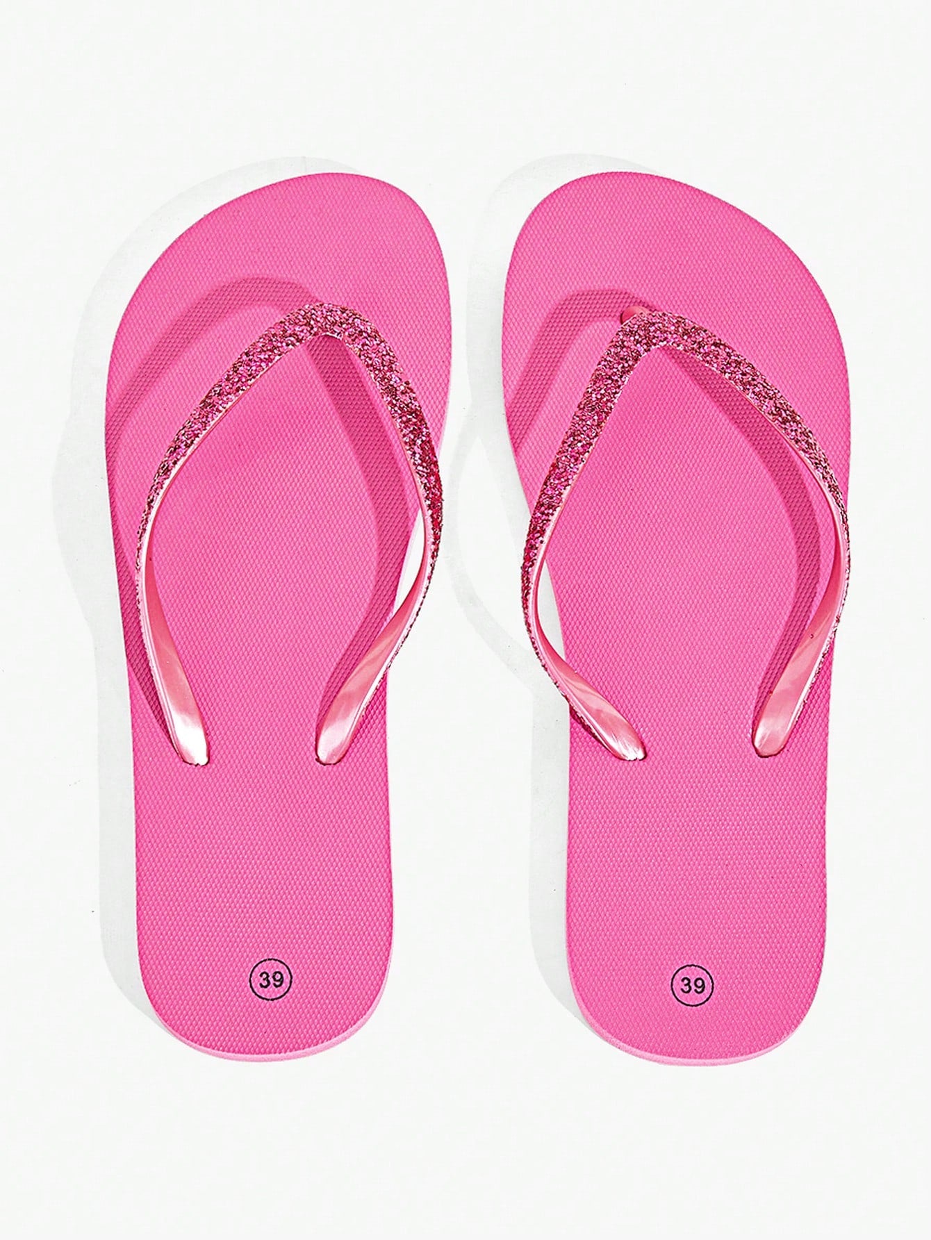 Pair of women’s apricot flat flip-flops with a glitter upper and plain design, suitable for beach, outdoor, home, and vacation wear.