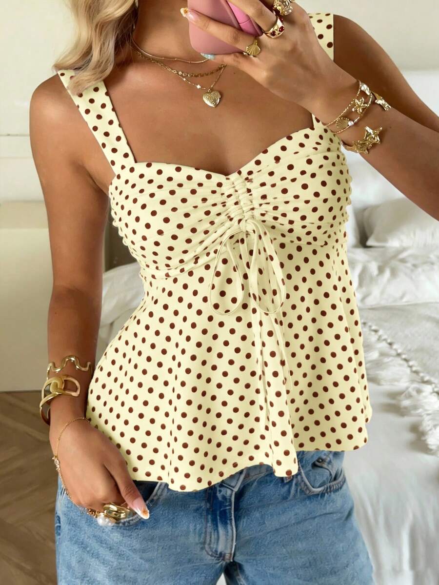 2026 Spring/Summer Women's New Arrival: Brown And White Polka Dot Sweet Vintage 2000s Cute Casual Versatile Ruffle Drawstring Top/Tank Vacation