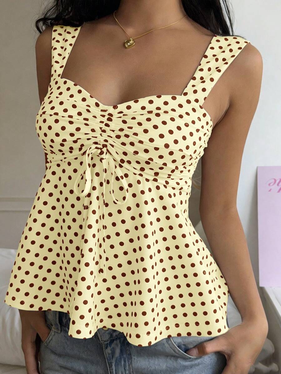 2026 Spring/Summer Women's New Arrival: Brown And White Polka Dot Sweet Vintage 2000s Cute Casual Versatile Ruffle Drawstring Top/Tank Vacation