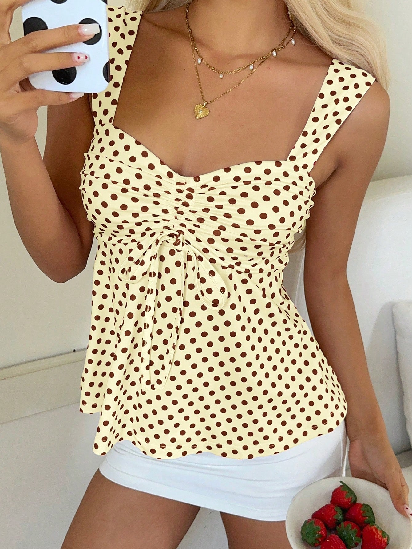 CovetEZ 2026 Spring/Summer New Women's Apparel: Black Polka Dot Cute Casual Versatile Ruffle Drawstring Blouse/Tank Top,Summer Top