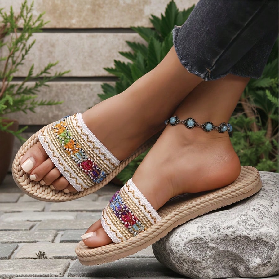 White flower Y2K flat slide sandals with toe post, beaded and embroidered woven-look fabric upper