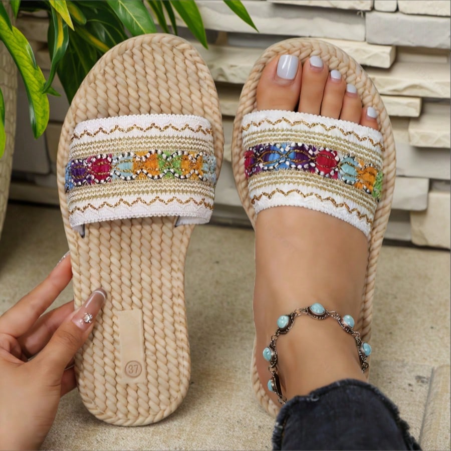 White flower Y2K flat slide sandals with toe post, beaded and embroidered woven-look fabric upper