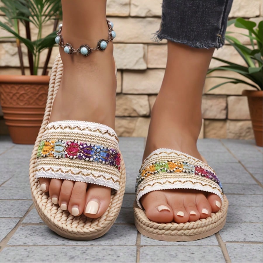 White flower Y2K flat slide sandals with toe post, beaded and embroidered woven-look fabric upper