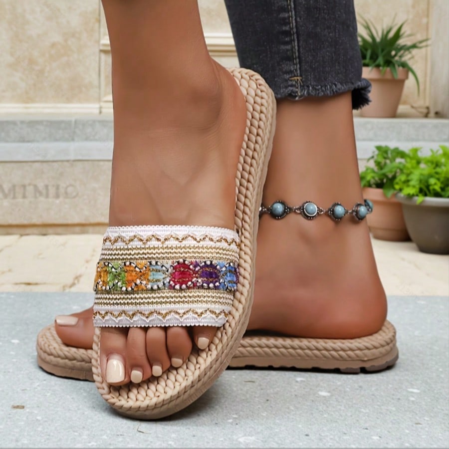 White flower Y2K flat slide sandals with toe post, beaded and embroidered woven-look fabric upper