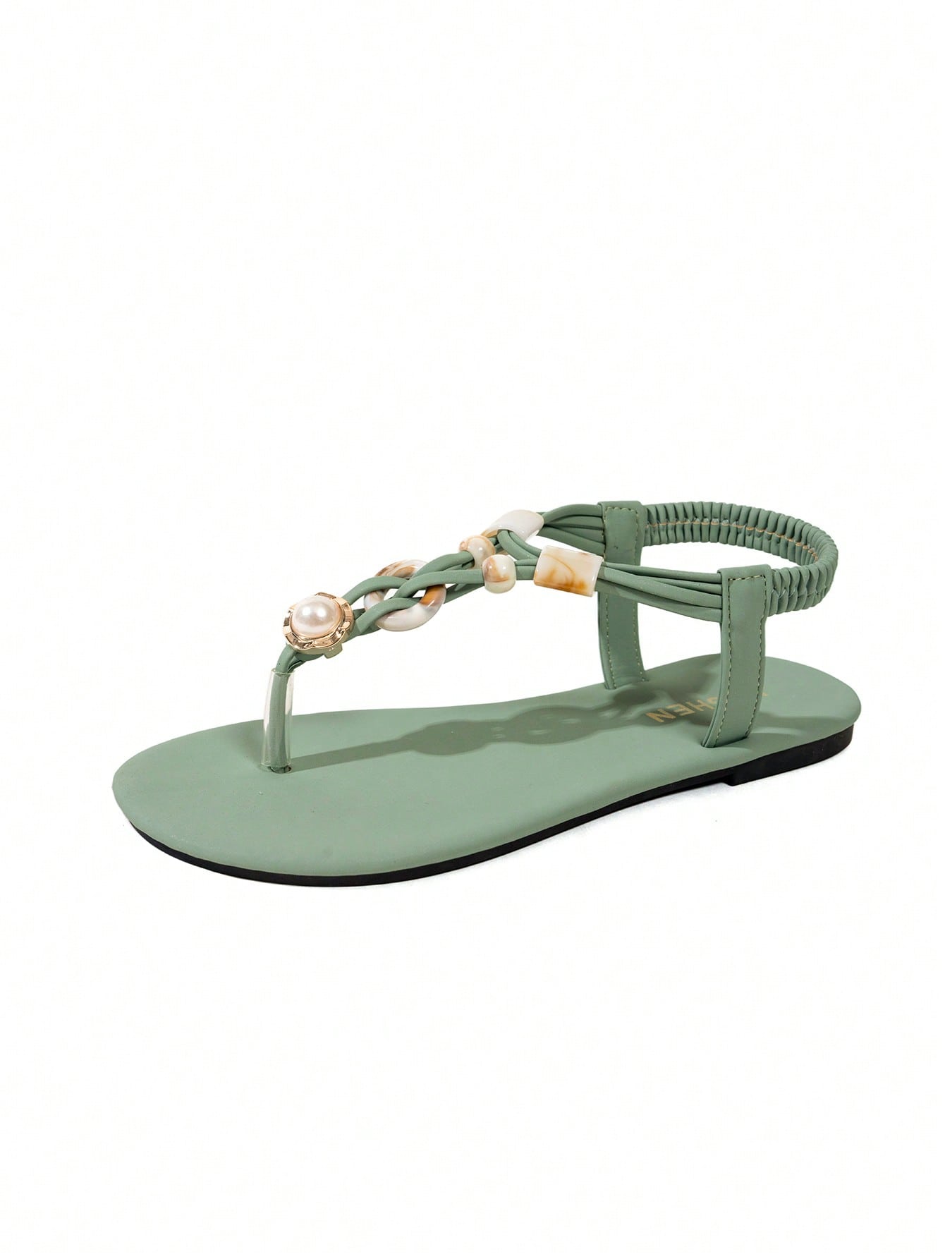 Women's beaded woven flip flop thong sandals with flat soft sole, toe-post design, and beach-style plant pattern detailing.