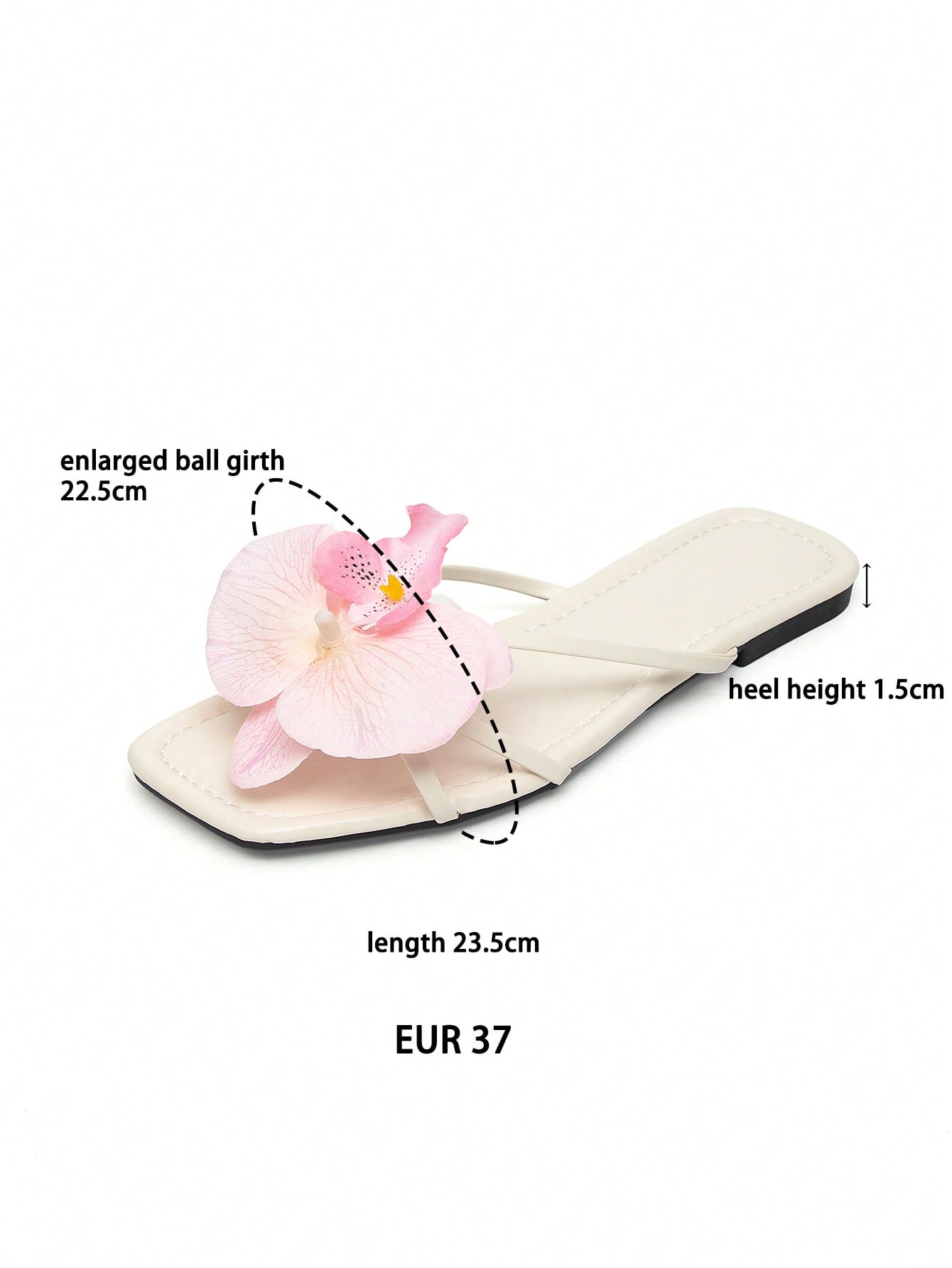 Wide fit women's beige flat thong sandals with butterfly orchid appliqué decor and open toe, suitable for beach, vacation, home, and casual everyday wear.