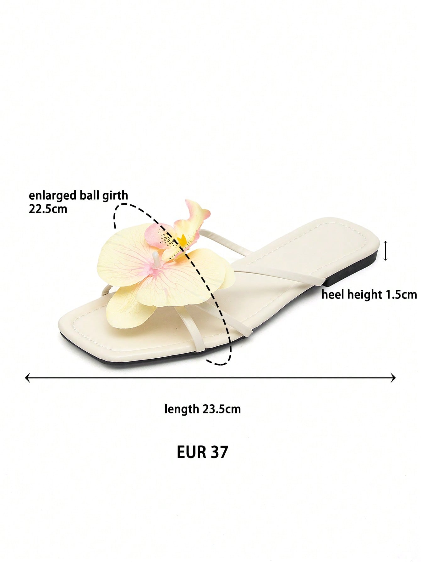 Wide fit women's beige flat thong sandals with butterfly orchid appliqué decor and open toe, suitable for beach, vacation, home, and casual everyday wear.