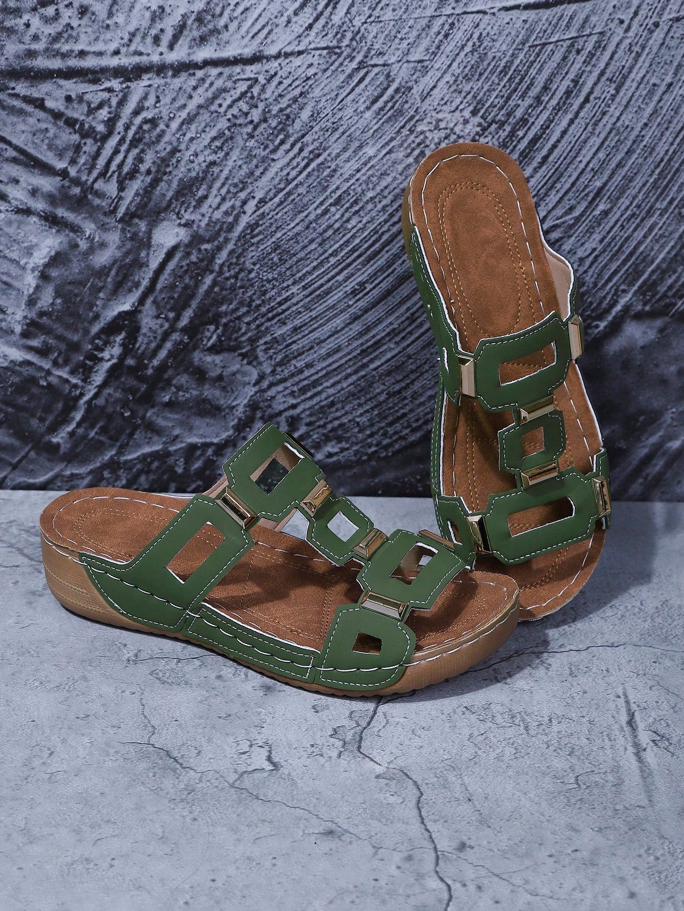 Women's open-toe wedge slide sandals with studded hollow-out upper, cross-over straps, buckle closure, and thick soft sole