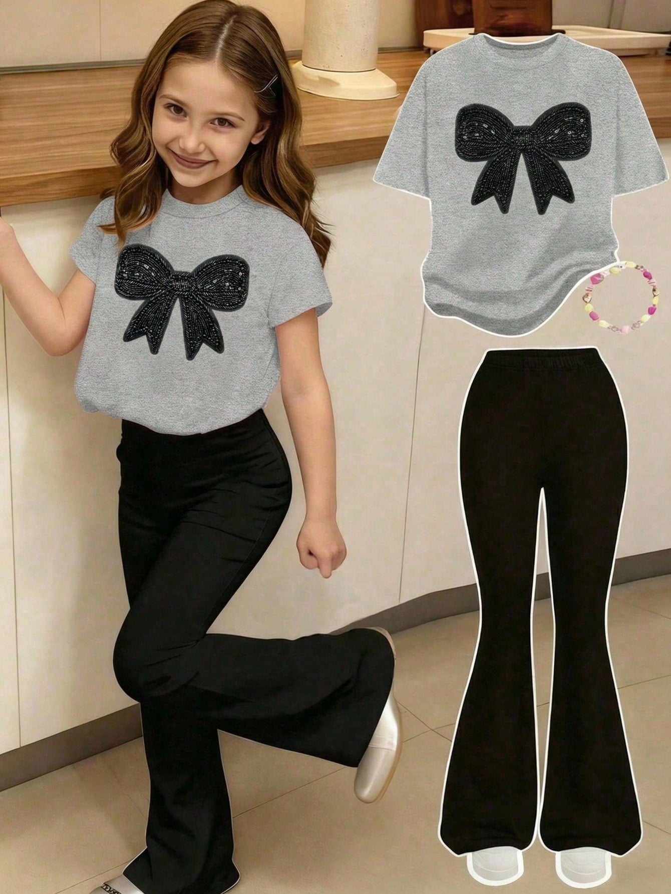 Elladie kids 2pcs/Set Young Girl Casual Butterfly Print Short Sleeve T-Shirt And Flare Pants,Cute Cartoon Graphic Fashionable Summer Clothes For School Outfit