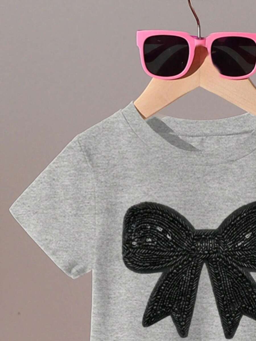 Elladie kids 2pcs/Set Young Girl Casual Butterfly Print Short Sleeve T-Shirt And Flare Pants,Cute Cartoon Graphic Fashionable Summer Clothes For School Outfit