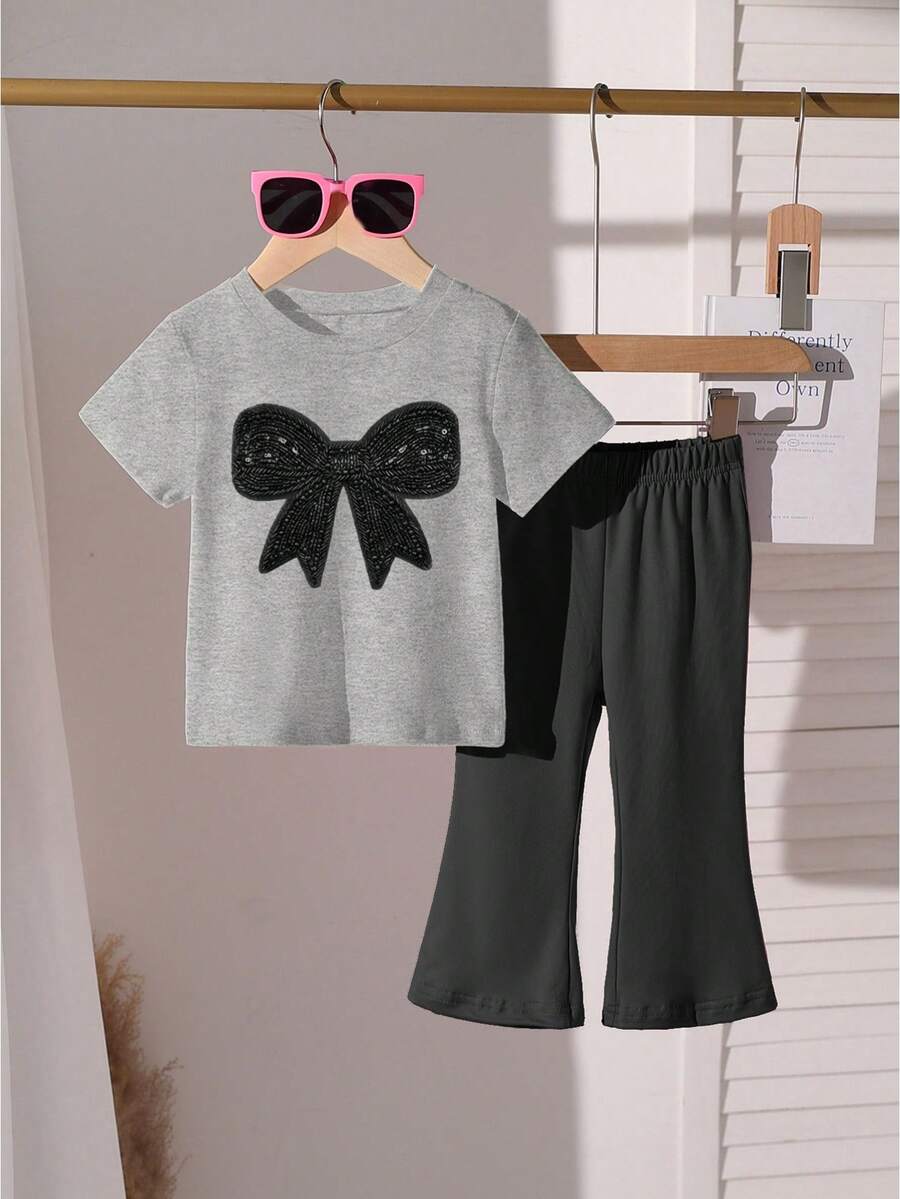 Elladie kids 2pcs/Set Young Girl Casual Butterfly Print Short Sleeve T-Shirt And Flare Pants,Cute Cartoon Graphic Fashionable Summer Clothes For School Outfit