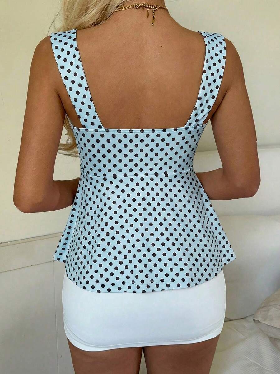 2026 Spring/Summer Women's New Arrival: Brown And White Polka Dot Sweet Vintage 2000s Cute Casual Versatile Ruffle Drawstring Top/Tank Vacation