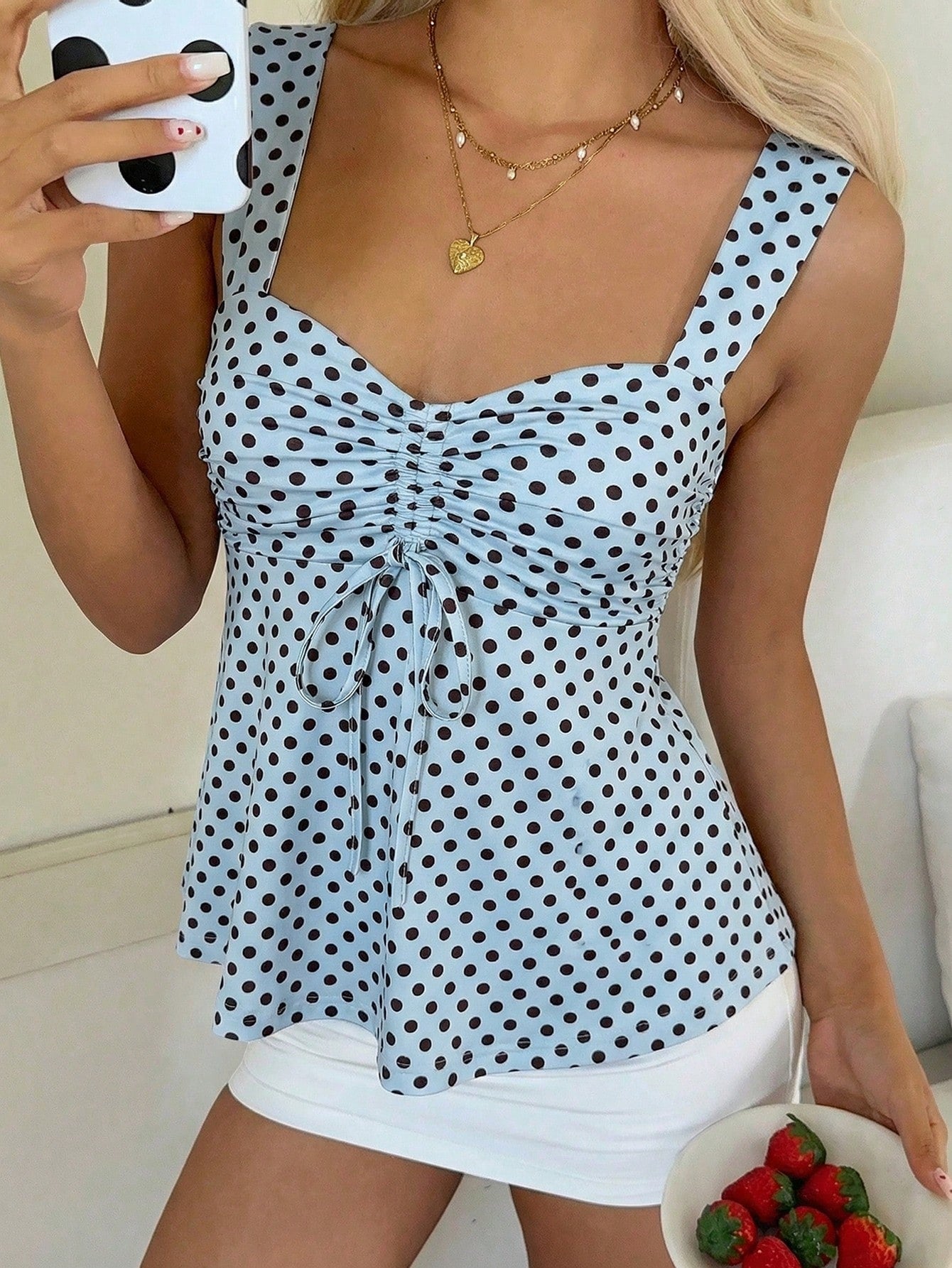 CovetEZ 2026 Spring/Summer New Women's Apparel: Black Polka Dot Cute Casual Versatile Ruffle Drawstring Blouse/Tank Top,Summer Top