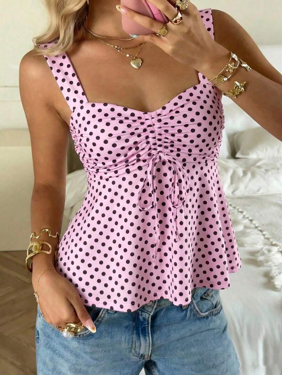 2026 Spring/Summer Women's New Arrival: Brown And White Polka Dot Sweet Vintage 2000s Cute Casual Versatile Ruffle Drawstring Top/Tank Vacation
