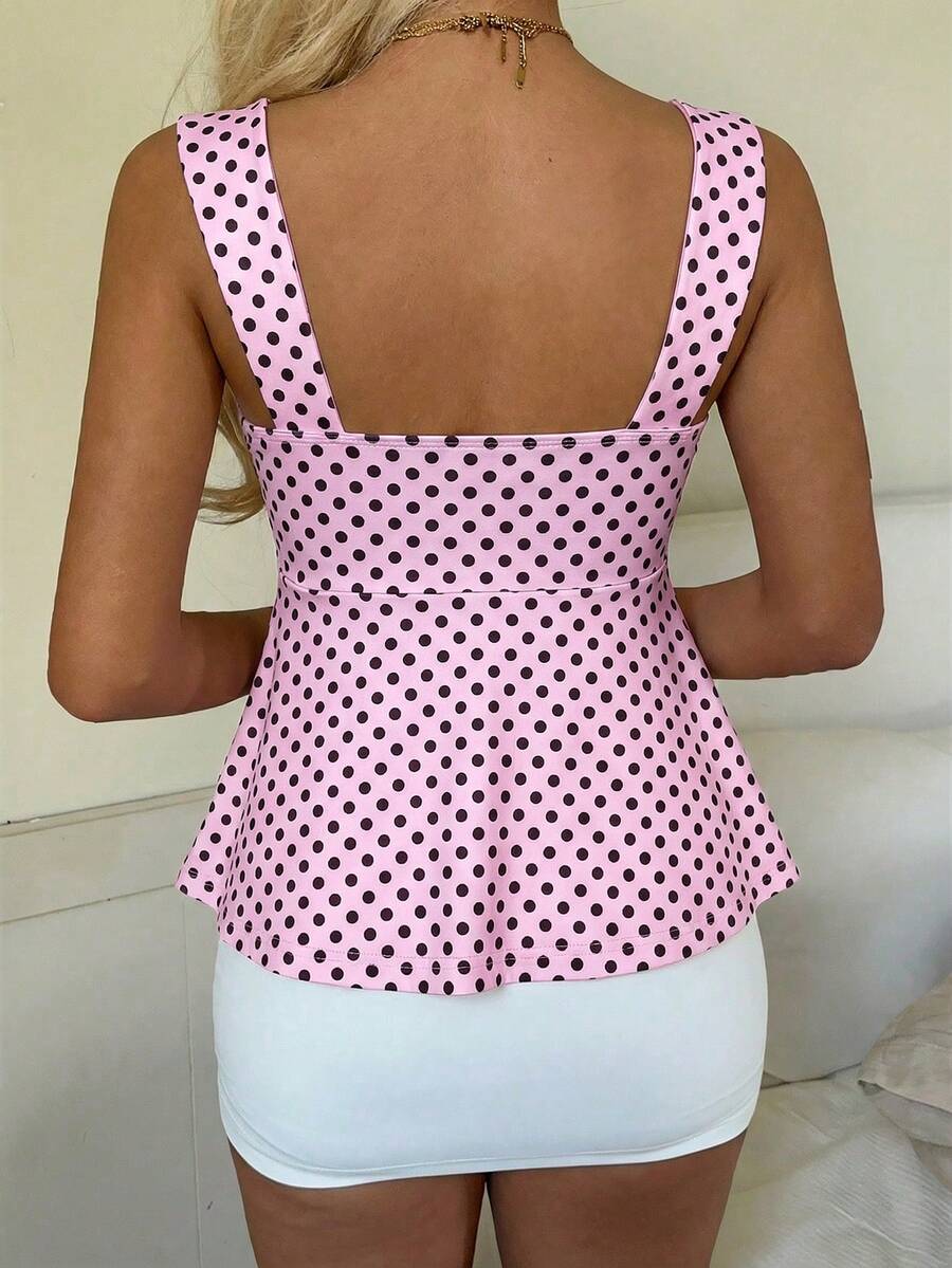 2026 Spring/Summer Women's New Arrival: Brown And White Polka Dot Sweet Vintage 2000s Cute Casual Versatile Ruffle Drawstring Top/Tank Vacation