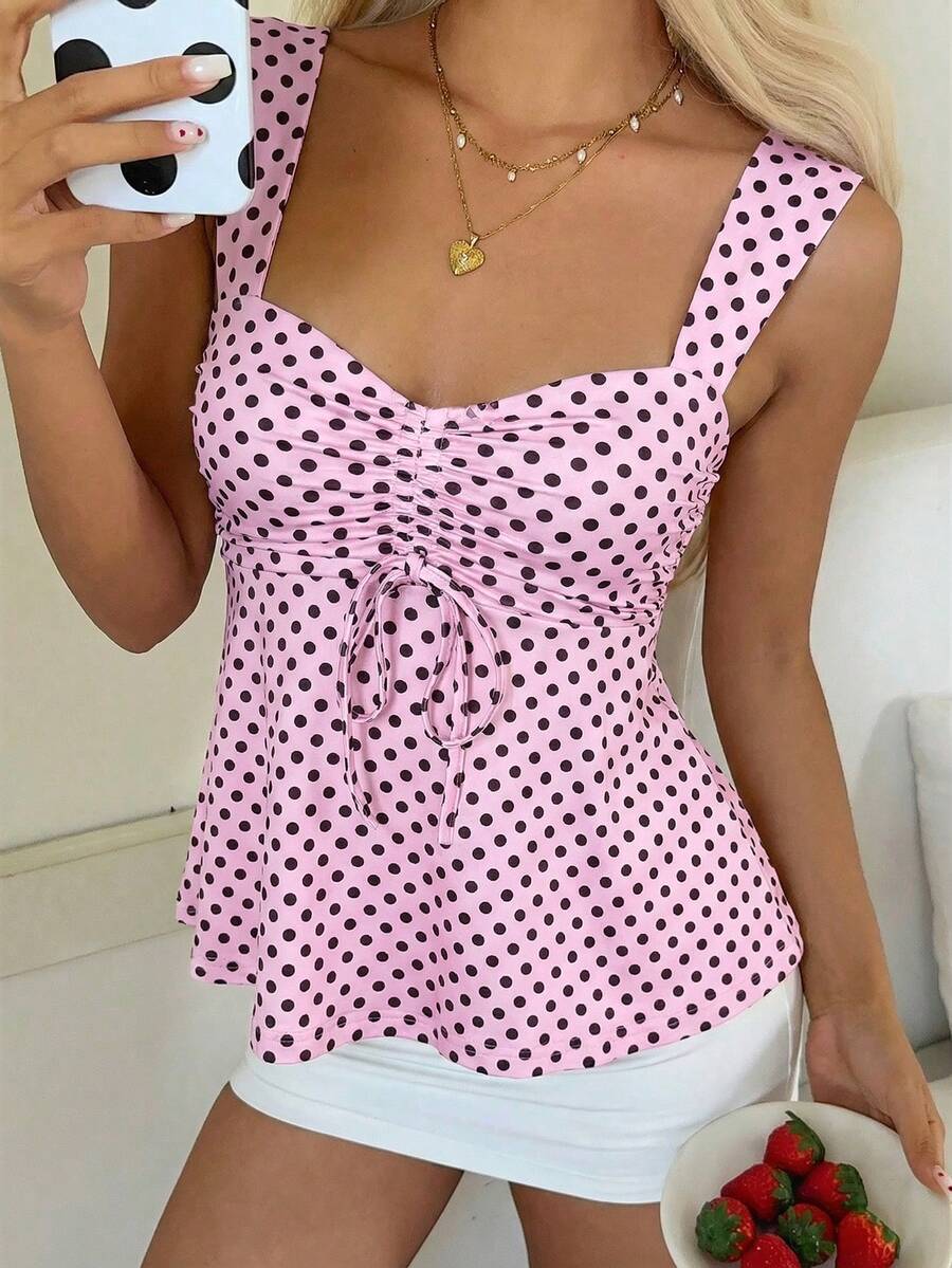 2026 Spring/Summer Women's New Arrival: Brown And White Polka Dot Sweet Vintage 2000s Cute Casual Versatile Ruffle Drawstring Top/Tank Vacation