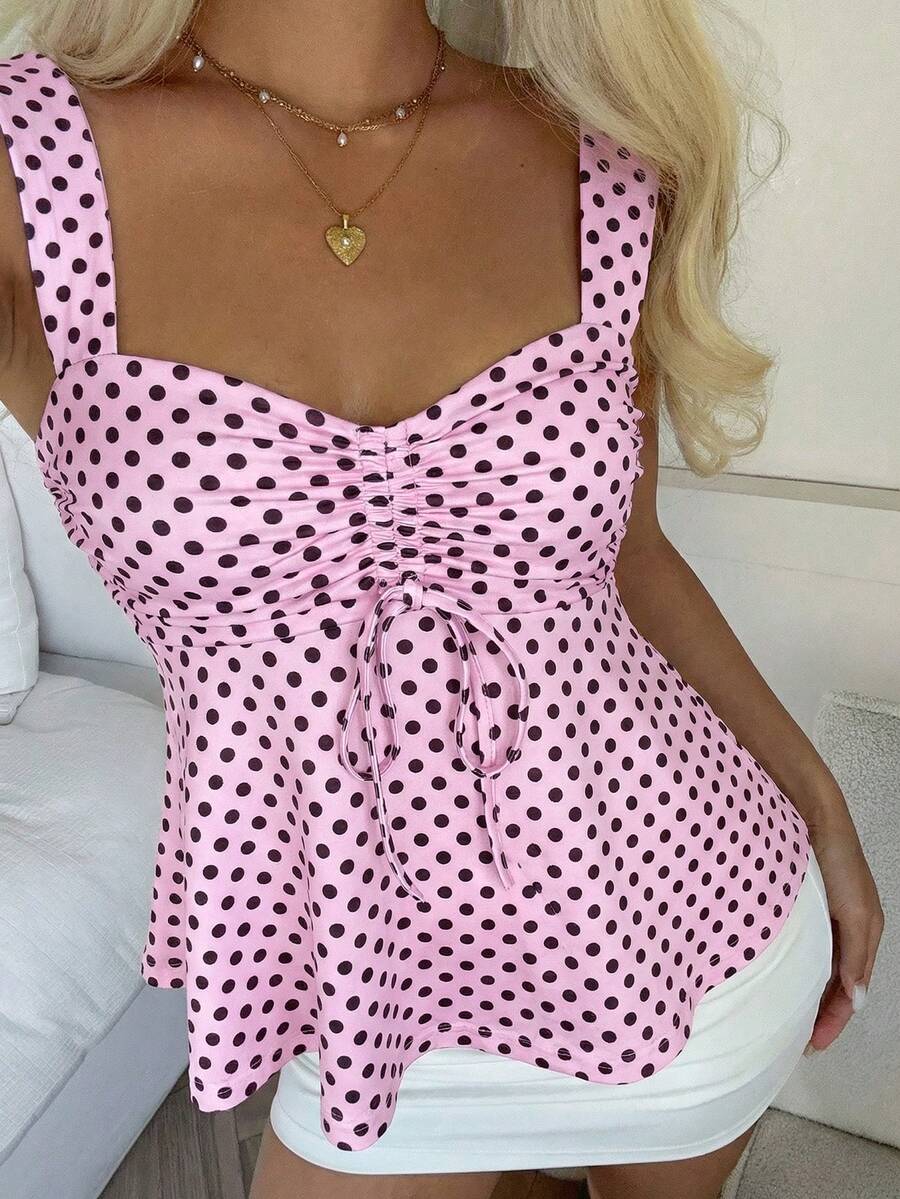 2026 Spring/Summer Women's New Arrival: Brown And White Polka Dot Sweet Vintage 2000s Cute Casual Versatile Ruffle Drawstring Top/Tank Vacation