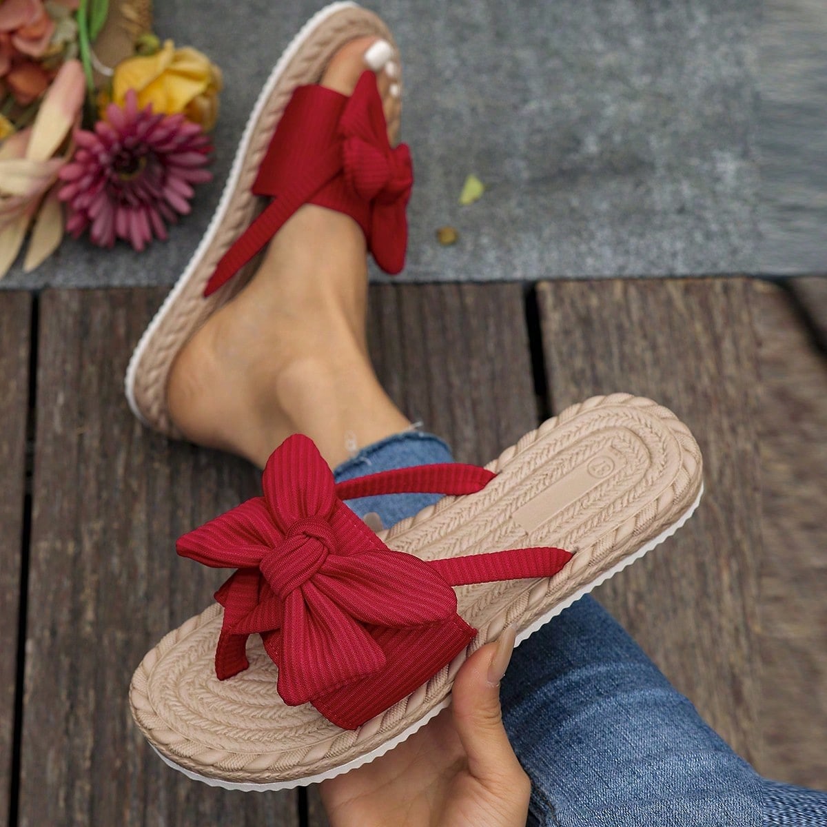 Women's red flat slide sandals with bow decor and open toe design, casual lightweight summer beach shoes