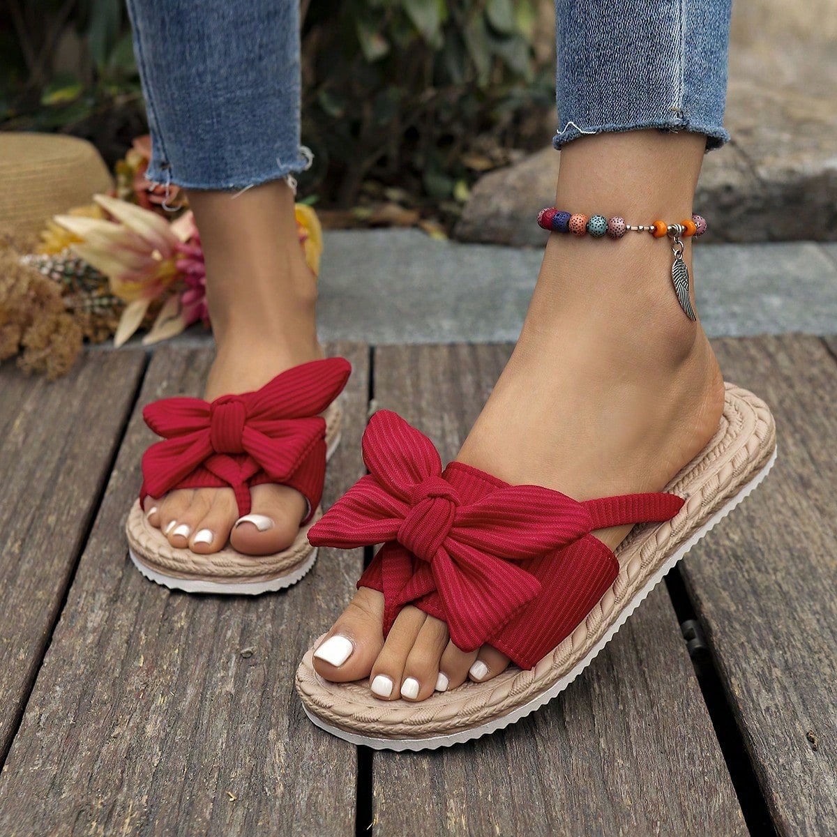 Women's red flat slide sandals with bow decor and open toe design, casual lightweight summer beach shoes