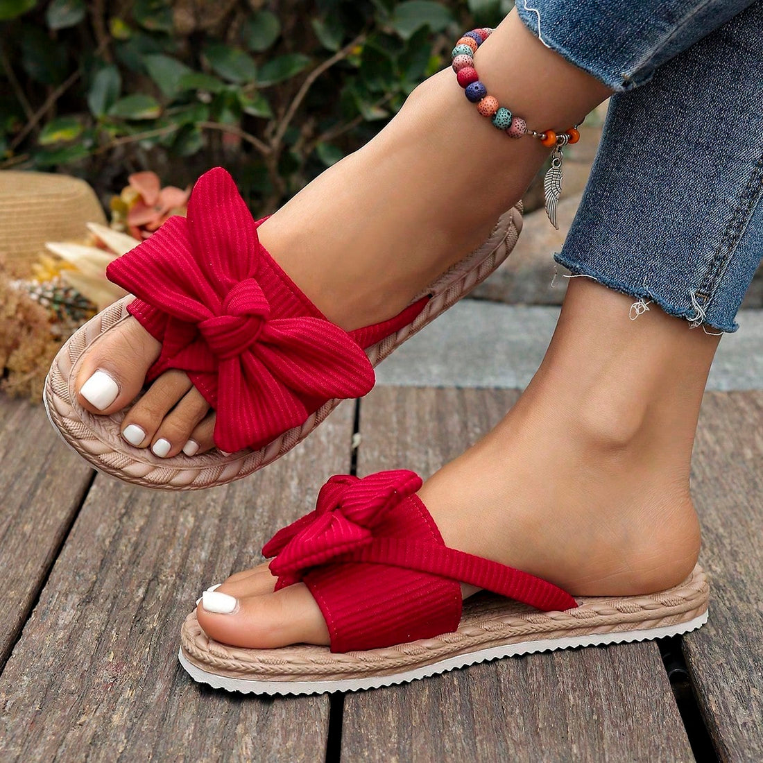 Women's red flat slide sandals with bow decor and open toe design, casual lightweight summer beach shoes