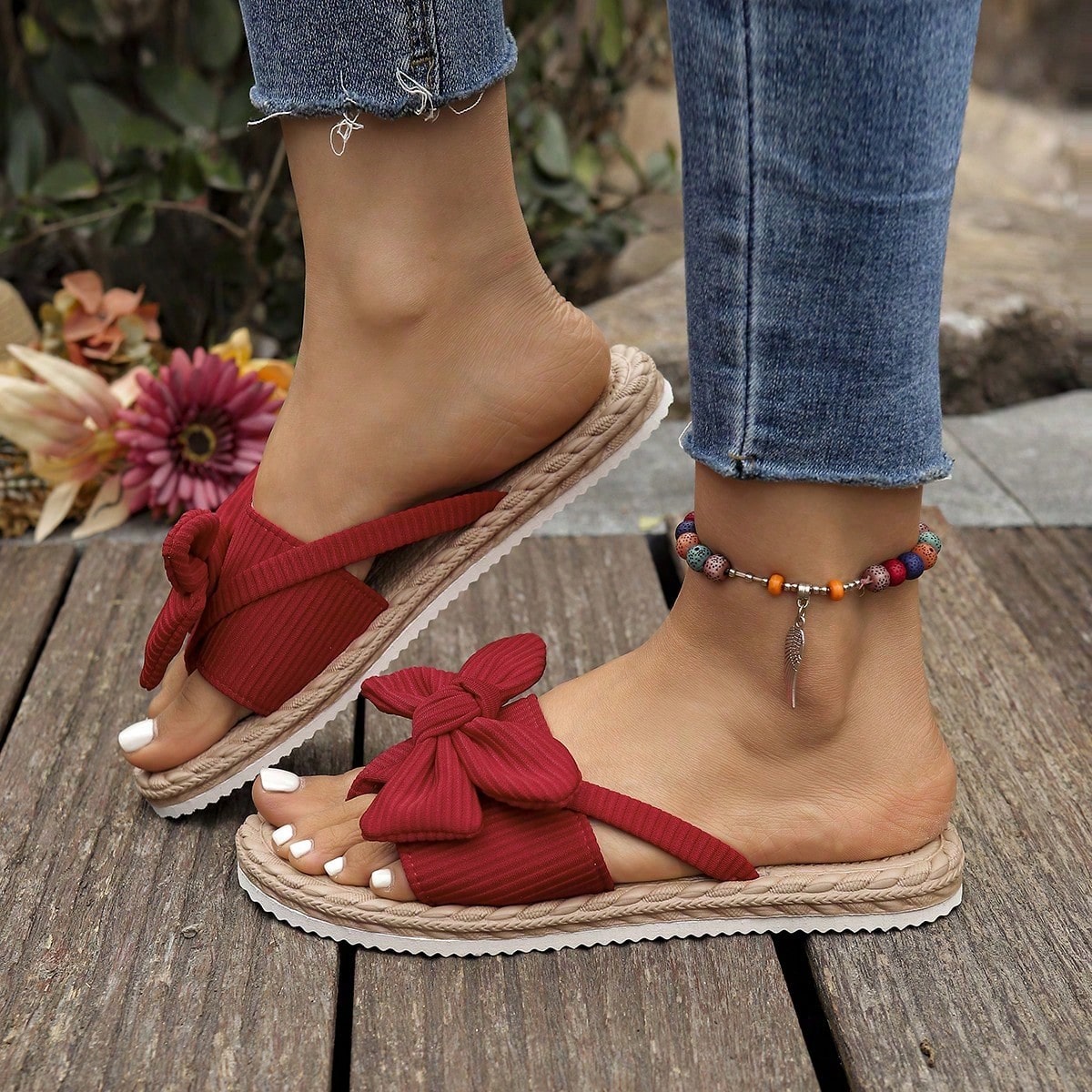Women's red flat slide sandals with bow decor and open toe design, casual lightweight summer beach shoes
