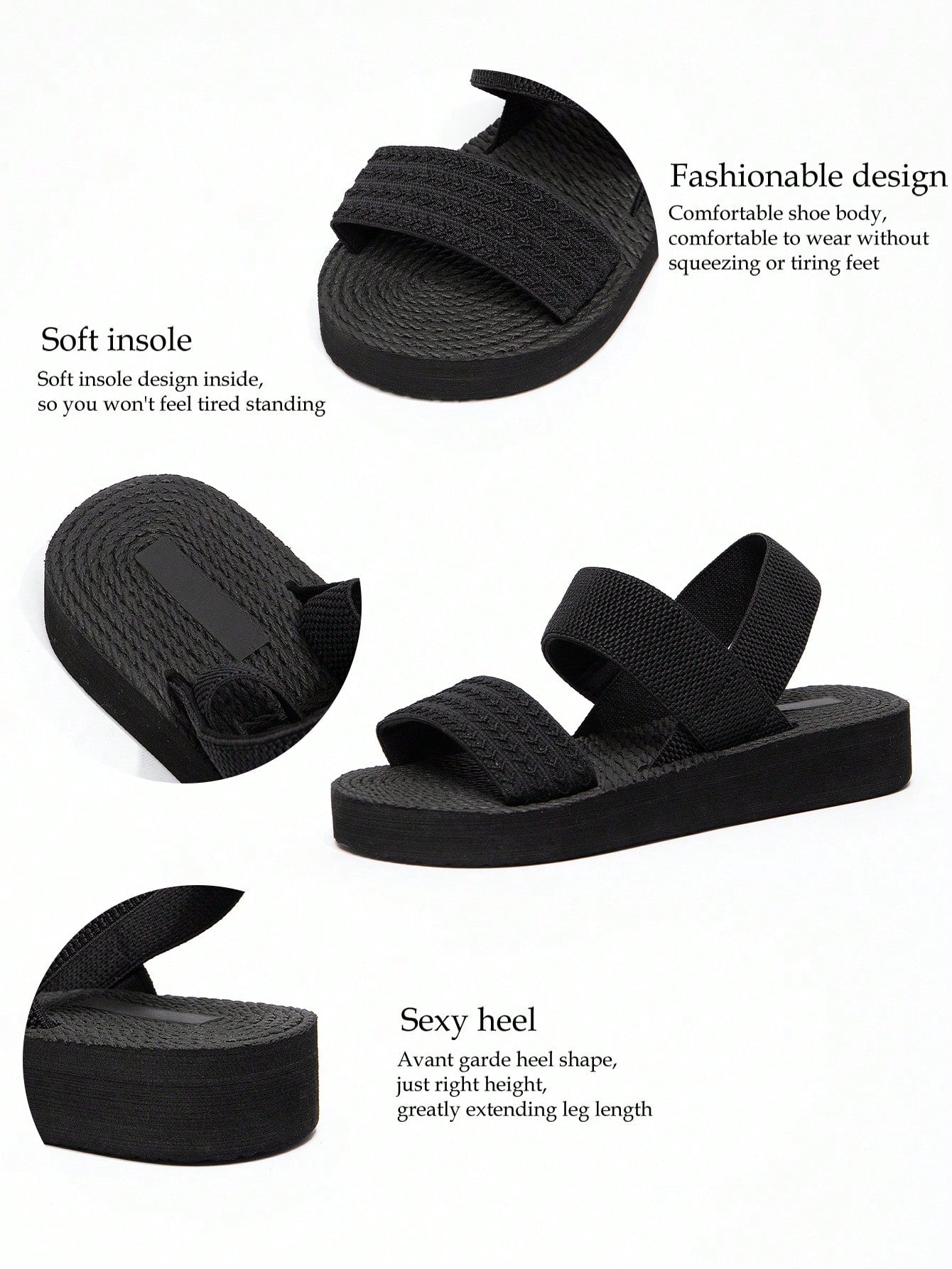 Women's black flat gladiator sandals with ruched and ruffle trim, textured fabric upper, and open-toe design for party, outdoor, and casual wear.