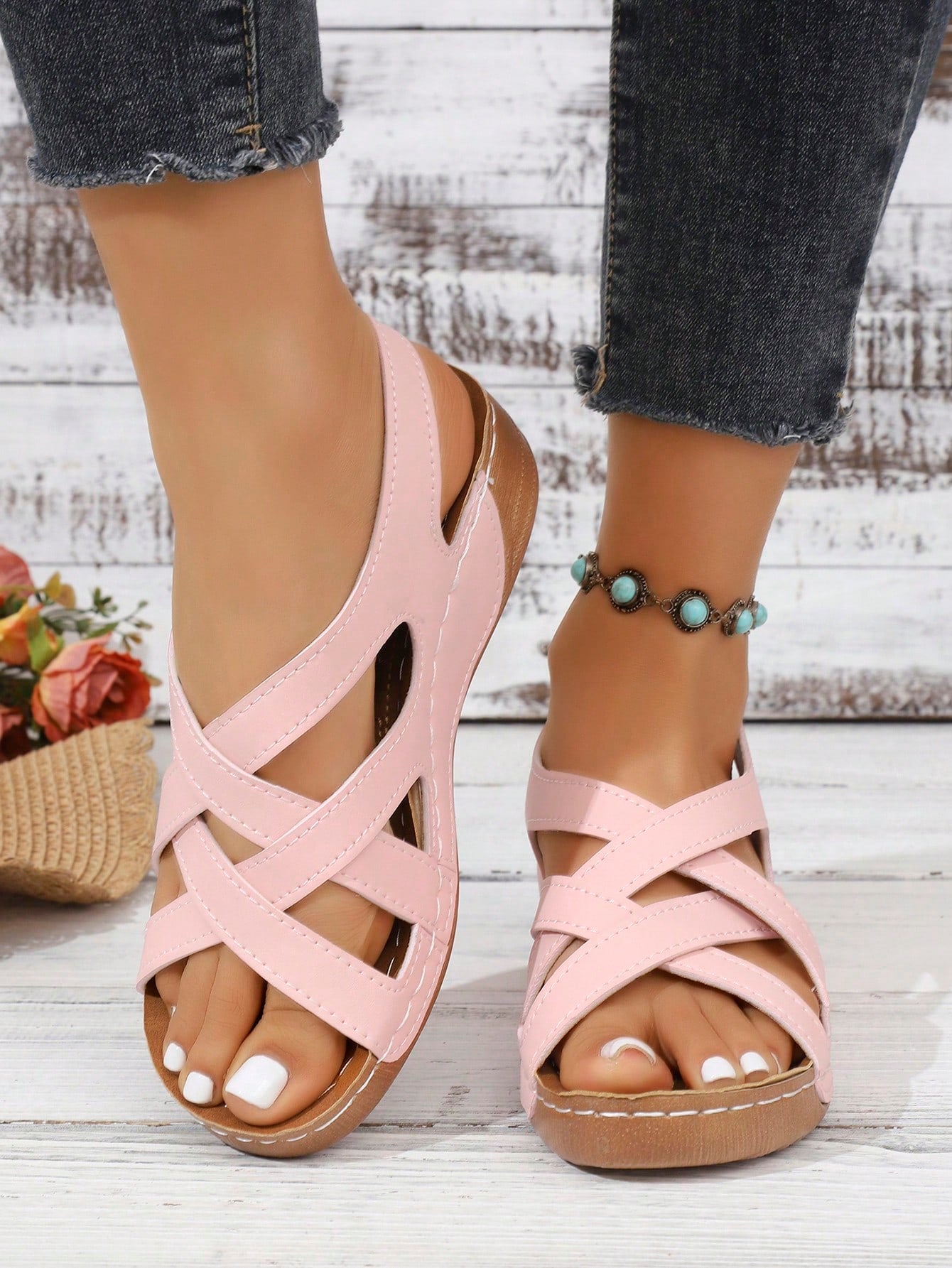 Women's open-toe wedge slide sandals with studded hollow-out upper, cross-over straps, buckle closure, and thick soft sole