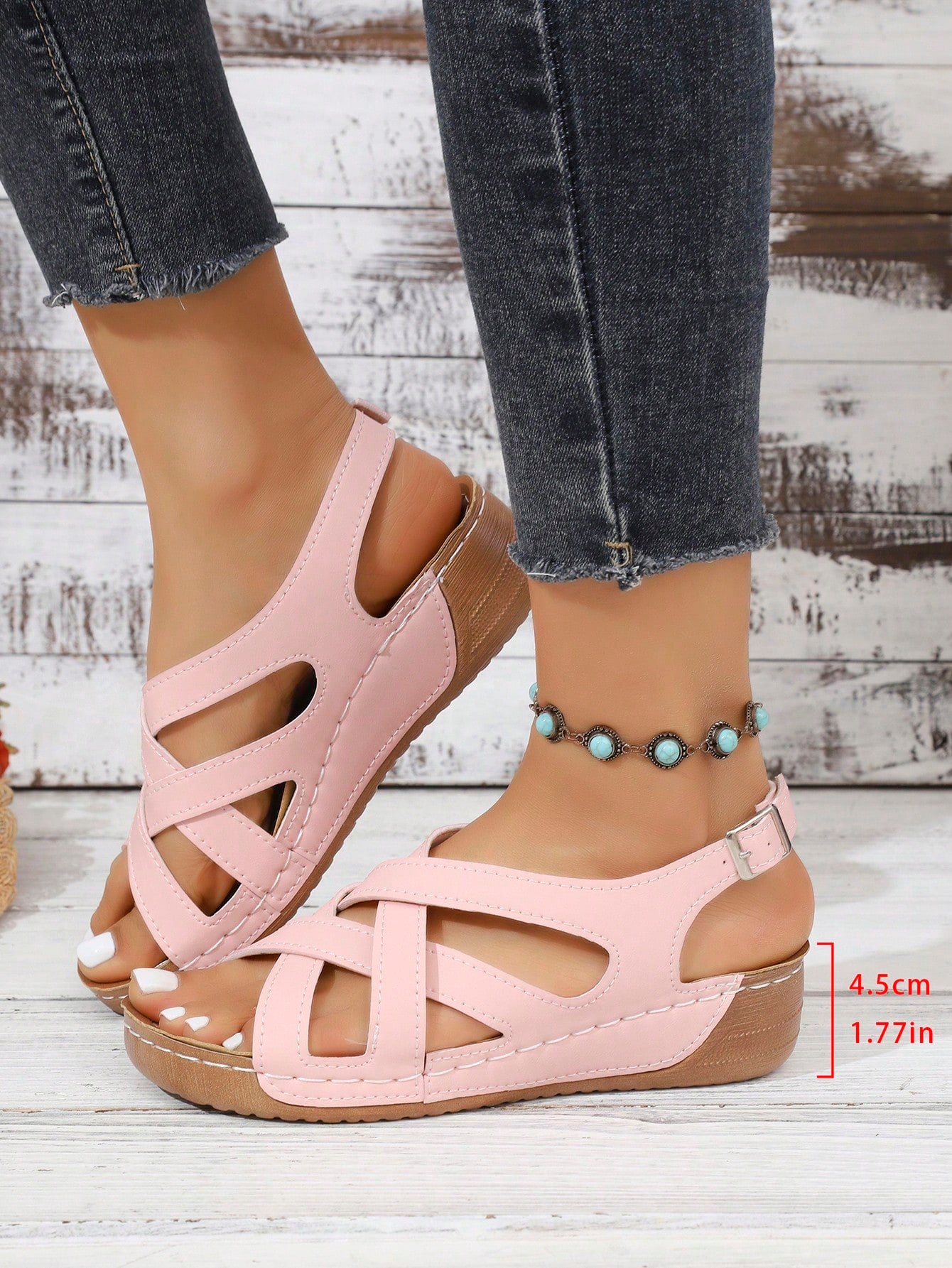 Women's open-toe wedge slide sandals with studded hollow-out upper, cross-over straps, buckle closure, and thick soft sole