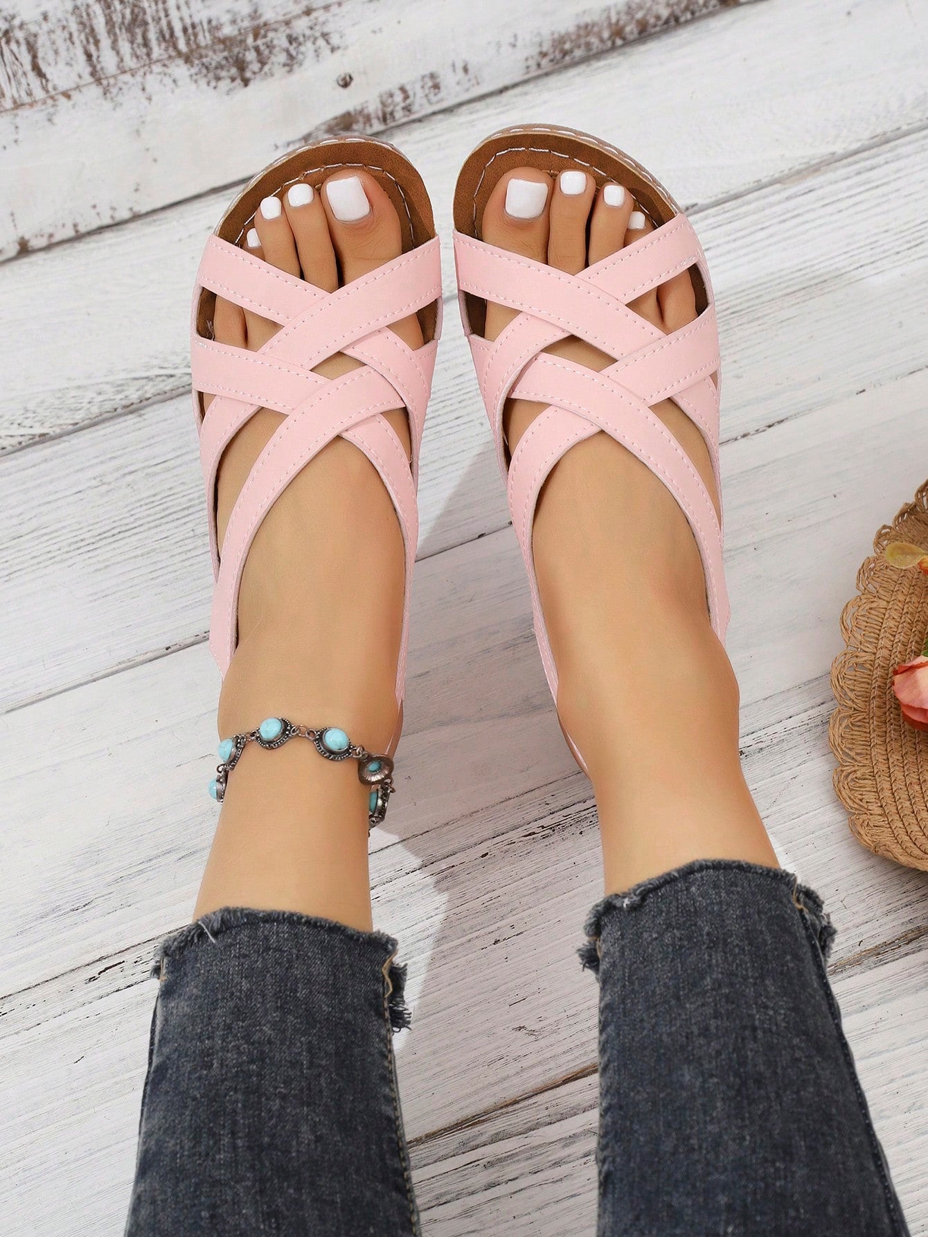 Women's open-toe wedge slide sandals with studded hollow-out upper, cross-over straps, buckle closure, and thick soft sole