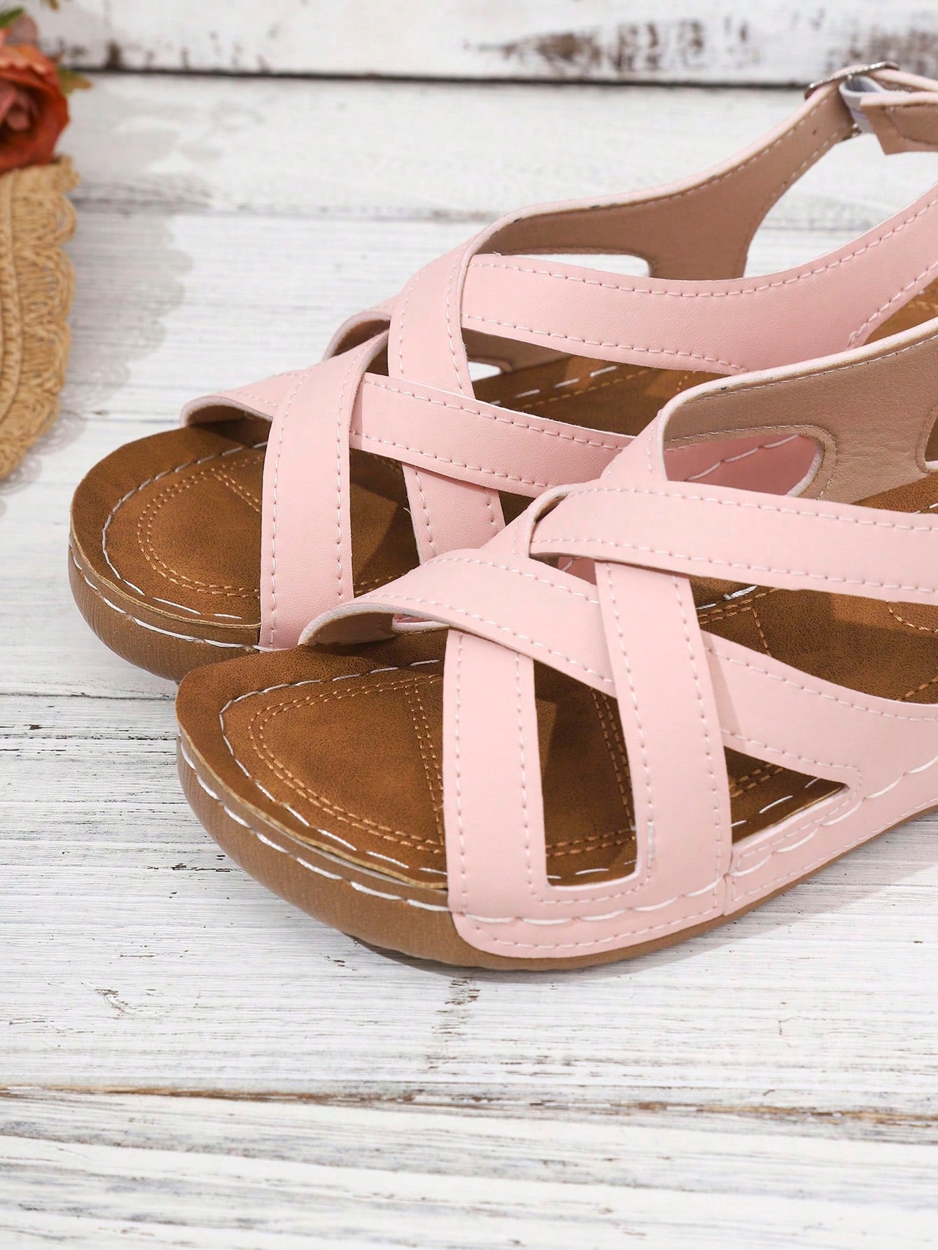 Women's open-toe wedge slide sandals with studded hollow-out upper, cross-over straps, buckle closure, and thick soft sole
