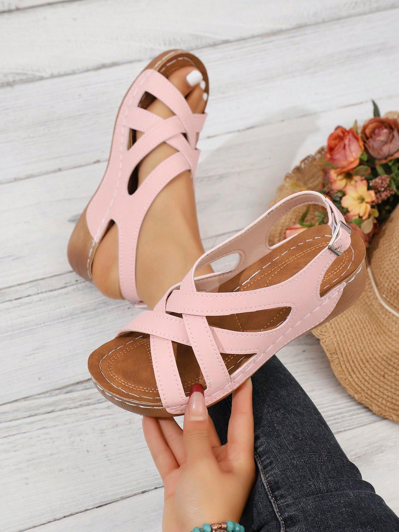 Women's open-toe wedge slide sandals with studded hollow-out upper, cross-over straps, buckle closure, and thick soft sole
