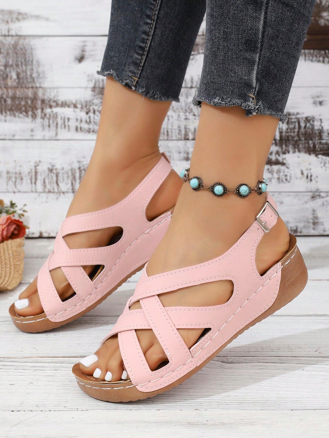 Women's open-toe wedge slide sandals with studded hollow-out upper, cross-over straps, buckle closure, and thick soft sole