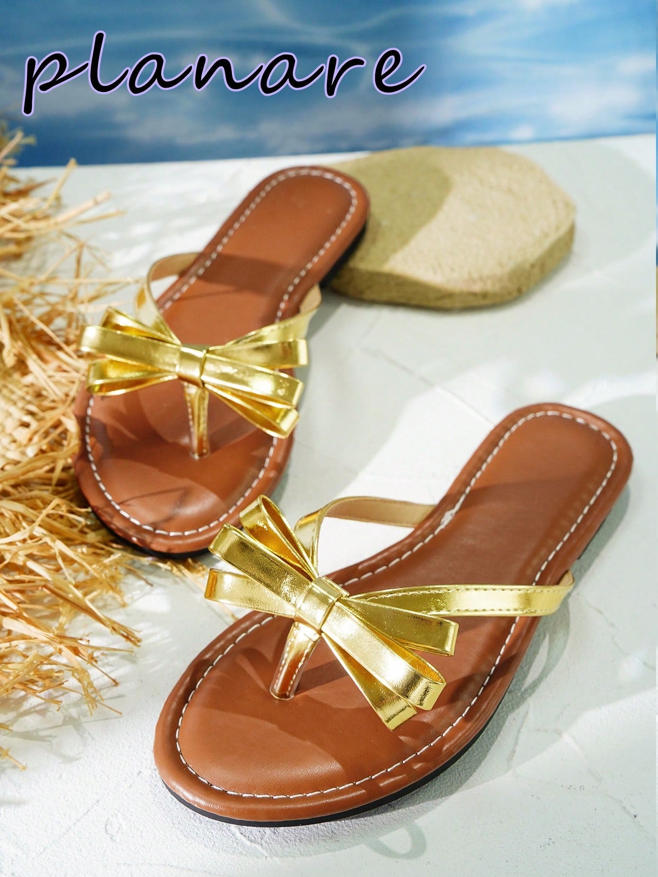 Women’s flat slide sandals with contrast mesh bow decoration and textured upper, open toe design, and slip-on style for beach and vacation wear.