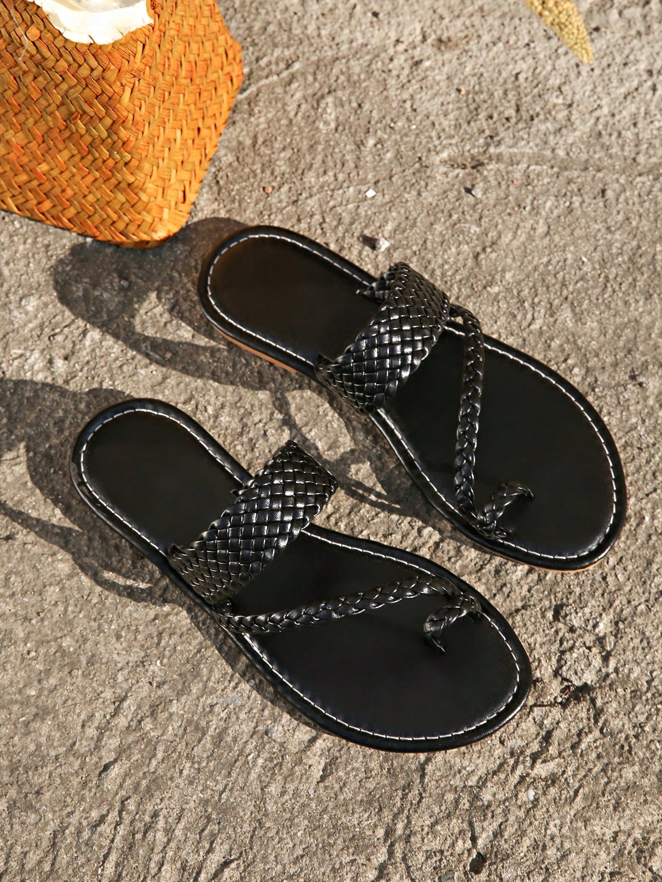 Plus size women's solid gold flat slide sandals with thin criss cross straps, round toe shape, and toe post detail, shown in a lightweight beach-style slip-on design.