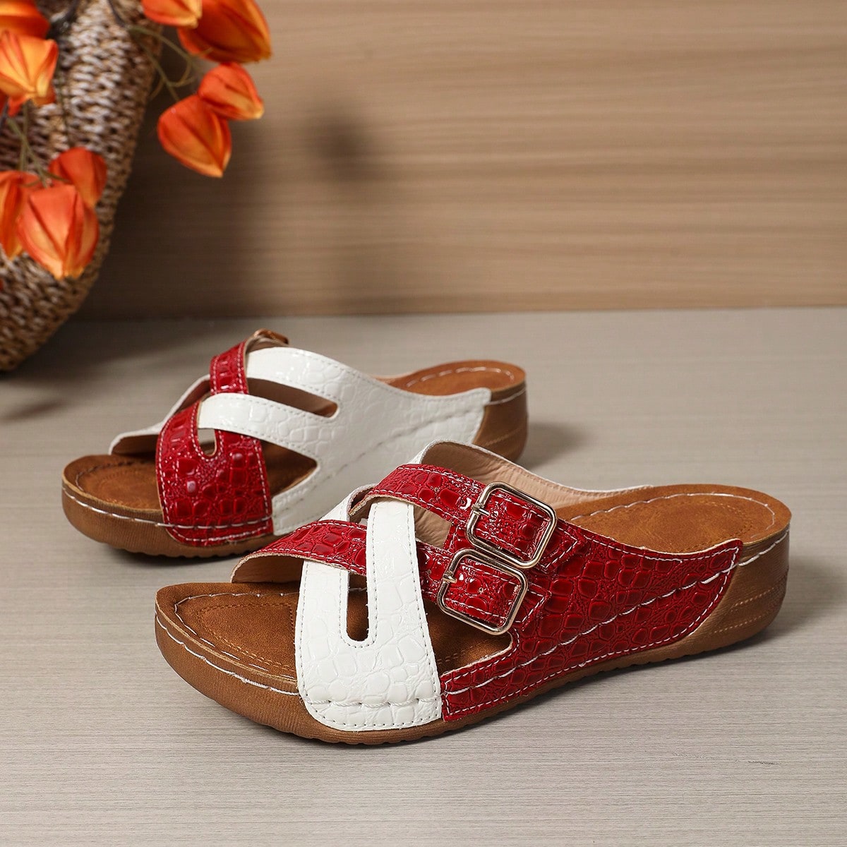 Women's slip-on beach wedge slide sandals with open toe, thick sole, criss-cross straps, and buckle detail
